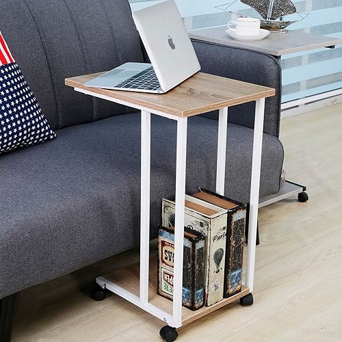 Miniatura 5 de JJS Mesa lateral C para sofá, sala de estar, mesa de aperitivos que se desliza debajo para espacios pequeños, roble/blanco blanco (Oak/White),Marrón