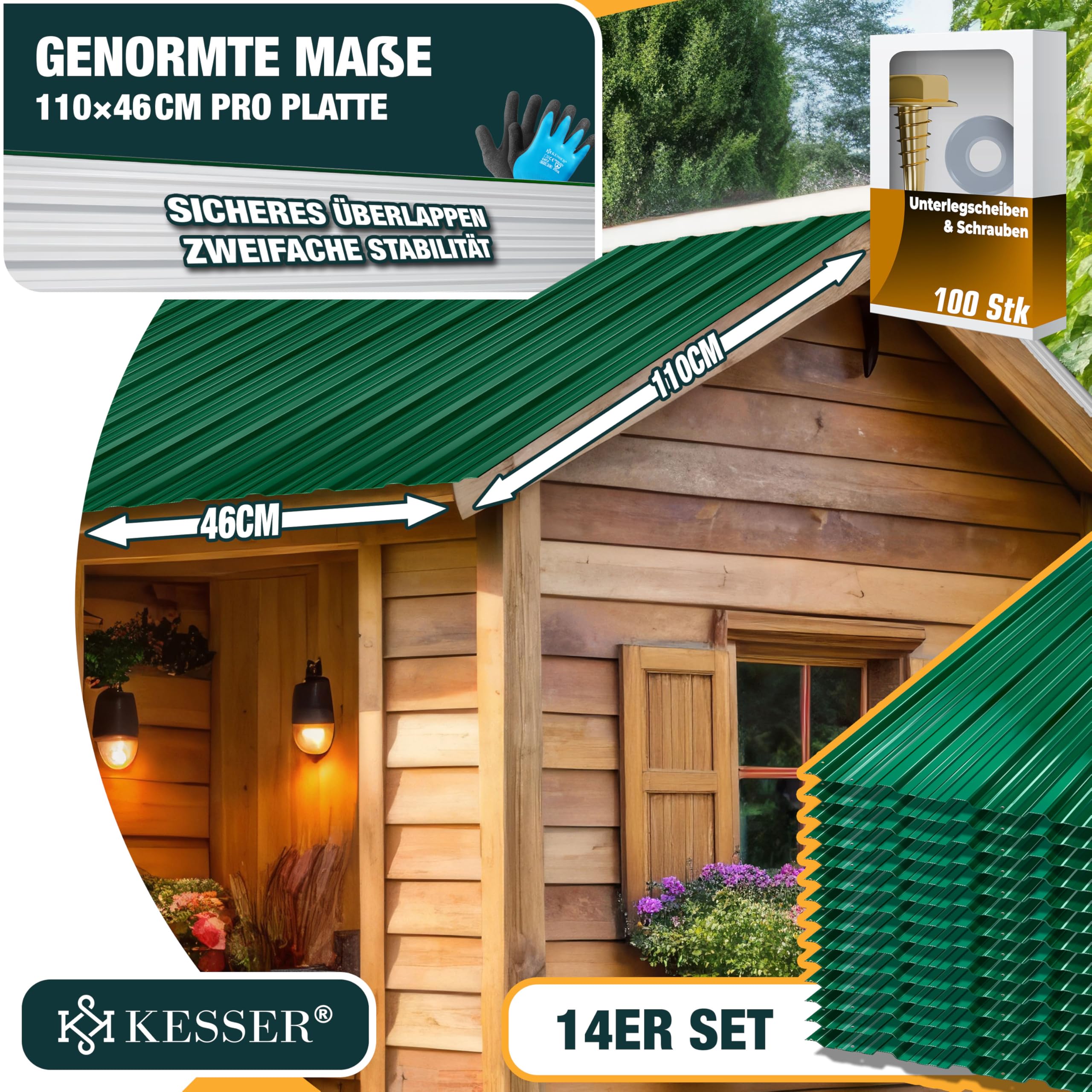 KESSER® - 14 lamiere profilate trapezoidali, 110 x 46 cm = 7 m², lamiera per capannone, in acciaio zincato, 0,25 mm, inclusi guanti per il montaggio, verde