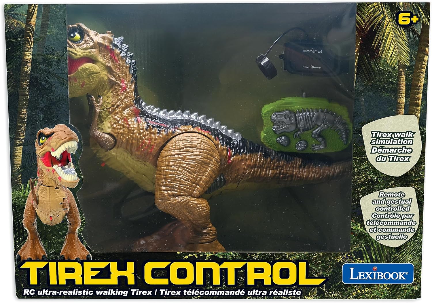 LEXiBOOK, RC Tyrannosaurus Control, Realistic Dinosaur, Articulated Movements, Roars, Smoke Spitting, Light Effects, Rechargeable, Fossil and Hand-held Remote Controls Included, DINO02