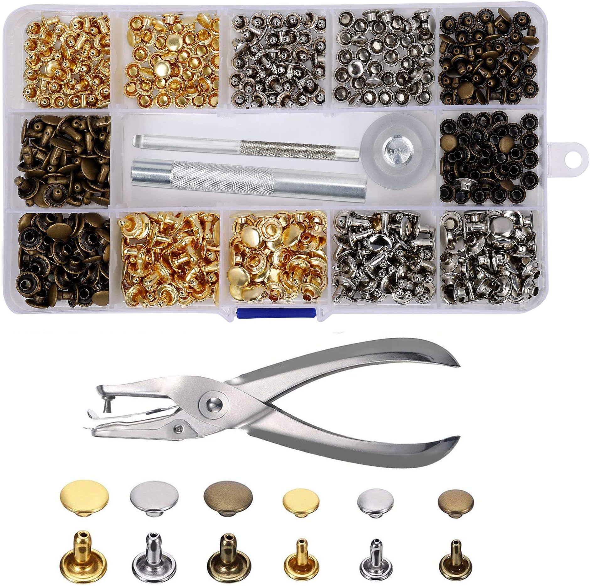 Leather Rivets 240 Set Double Cap Rivet Tubular Metal Studs 2 Sizes with Punch Pliers and 3 Pieces Setting Tool Kit for DIY Leather Craft Repairs Decoration 3 Colors