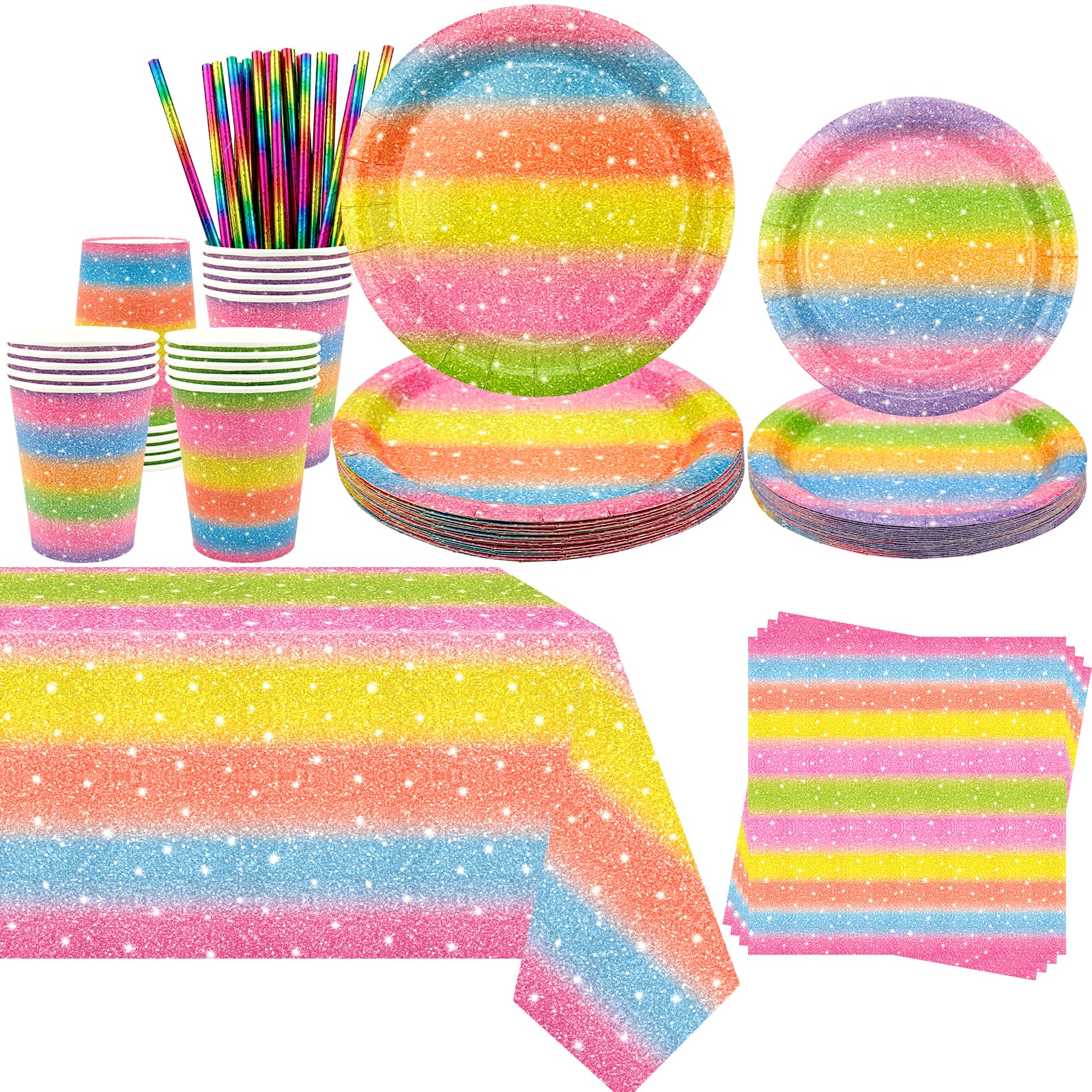 Obussgar Rainbow Party Decorations - Rainbow Party Tableware Supplies Includes Plates, Cups, Napkins, Tablecloth, Straws - Serves 20 (Light colours)