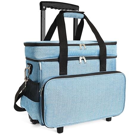 Rolling Sewing Machine Case on Wheels, Trolley Tote with Removable Bottom Wooden Board and Strong Carry Handles for Most Standard Sewing Machine and Accessories, Blue