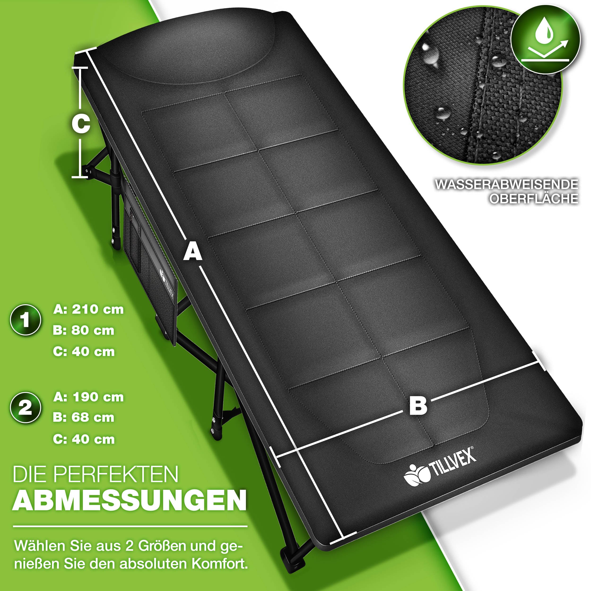 tillvex® Campingbett klappbar mit Tragetasche bis 200 kg | Campingliege extra breit | Feldbett Karpfenliege für Outdoor & Indoor | Klappbett Gästebett faltbar Garten Camping Angeln Festival Reise