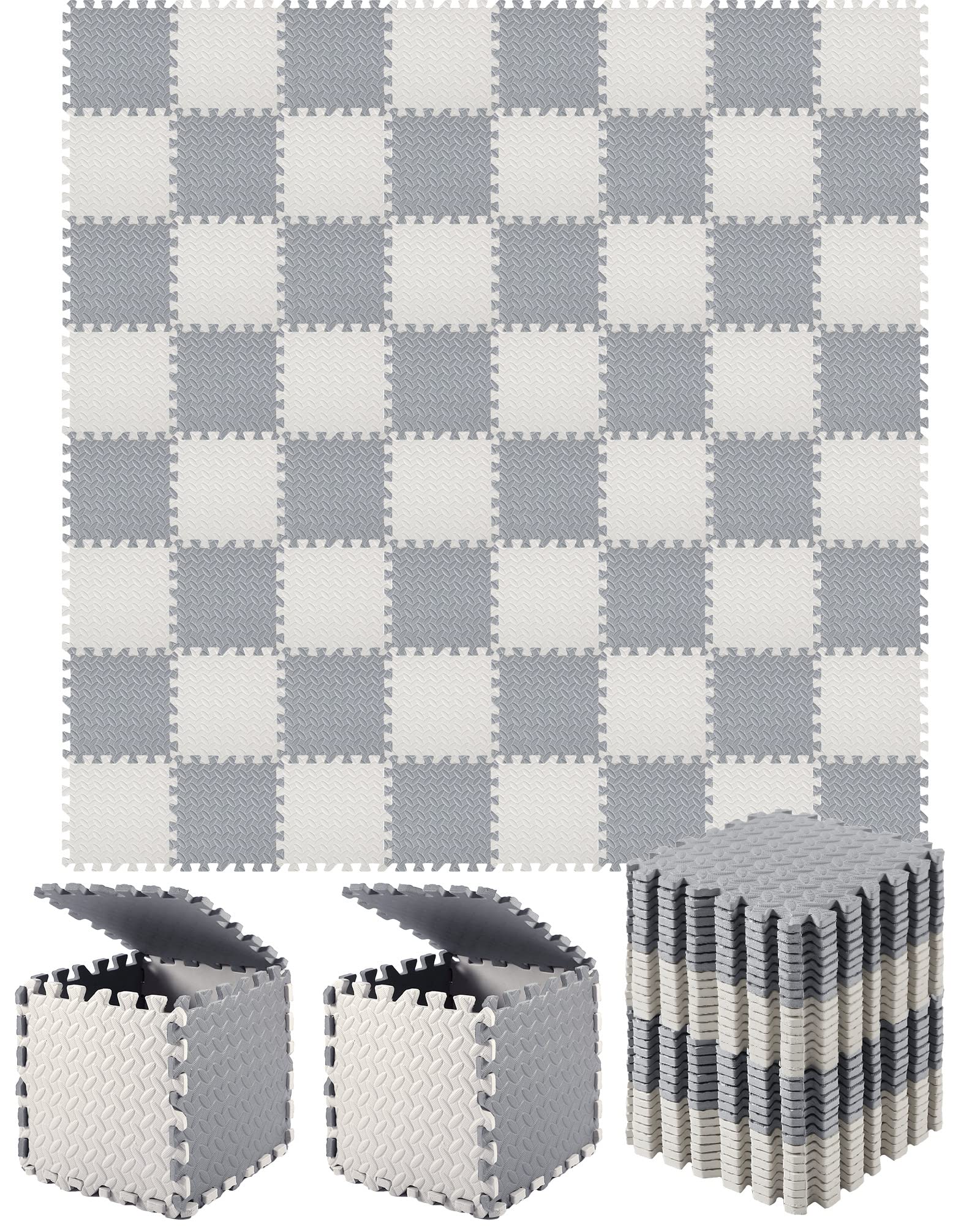 64 Pcs Baby Play Mats Foam Floor Tiles Bulk Foam Floor Mats with Borders Interlocking for Kids Baby Playroom Nursery Gym (Gray, White)