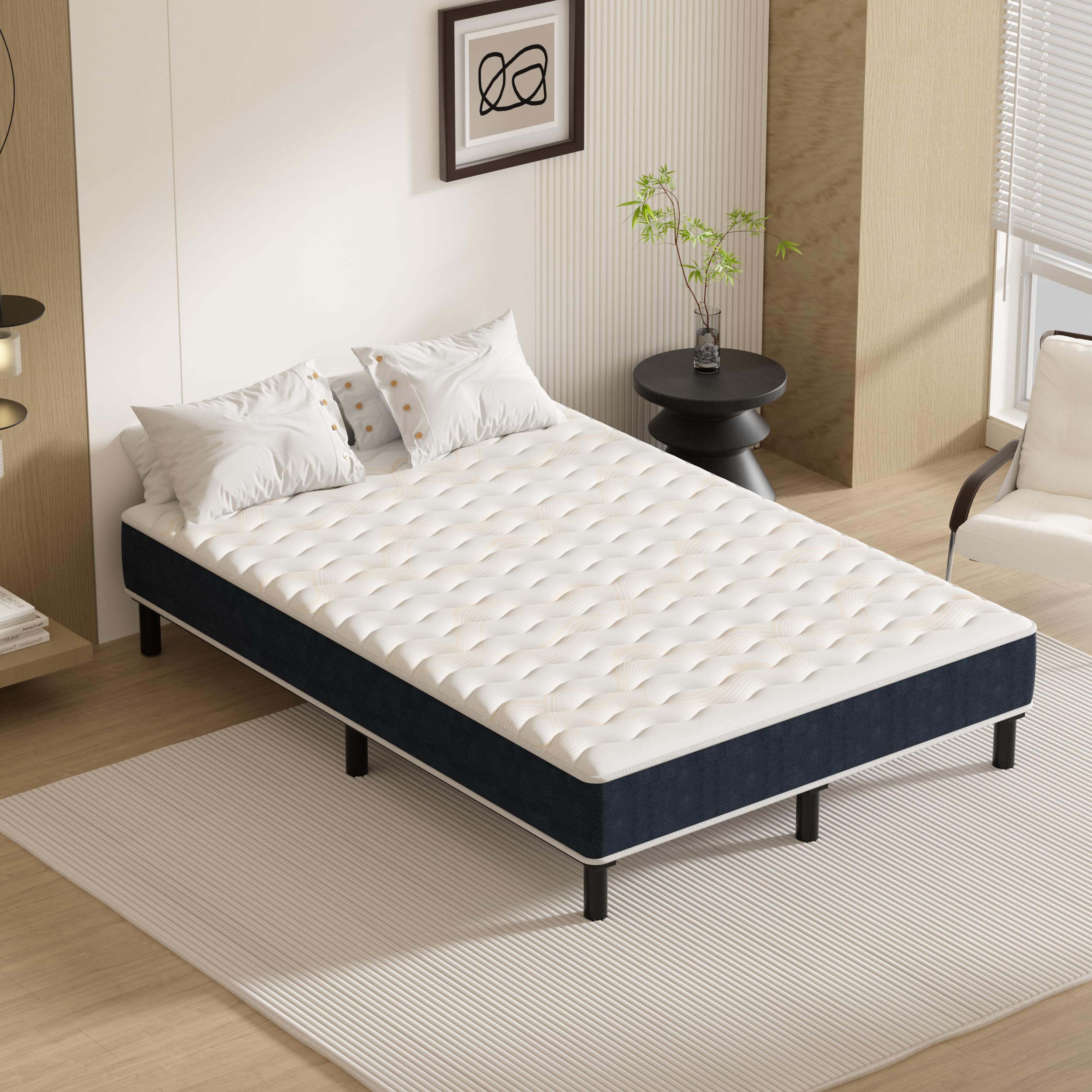 DEWINNER Ensemble Matelas + sommier (140 x 200cm), Matelas en Mousse A Mémoire et Robuste Cadre de lit en Fer avec 9 Pieds, Lit Complet, épaisseur 15cm, Ergonomique,Hypoallergénique