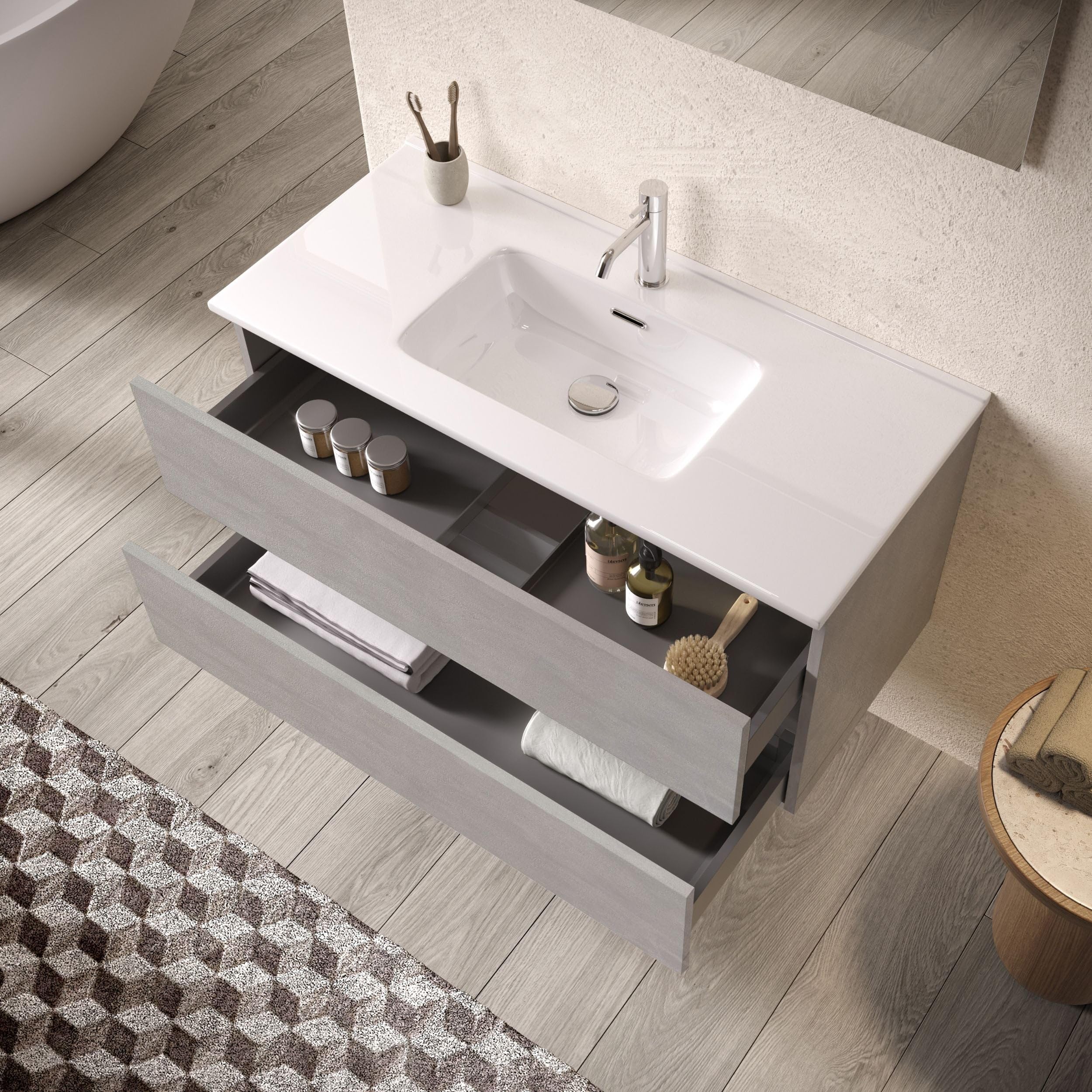 AQA DESIGN accessori casa composizione bagno, nr2 cassetti con scorrimento e chiusura soft close, maniglia a gola in melaminico, nr1 lampada led a - Bianco - 101x46,5x190 cm