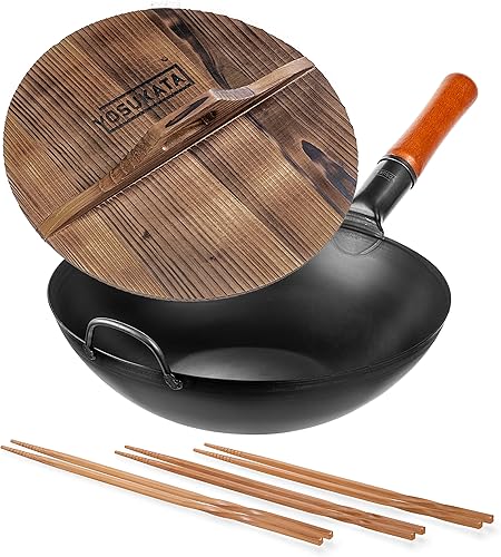 YOSUKATA Sartén Wok de acero al carbono de 13,5 pulgadas + tapa de wok premium de 13.5 pulgadas + palillos largos de madera natural juego de 3 pares disponible en Yaxa Colombia