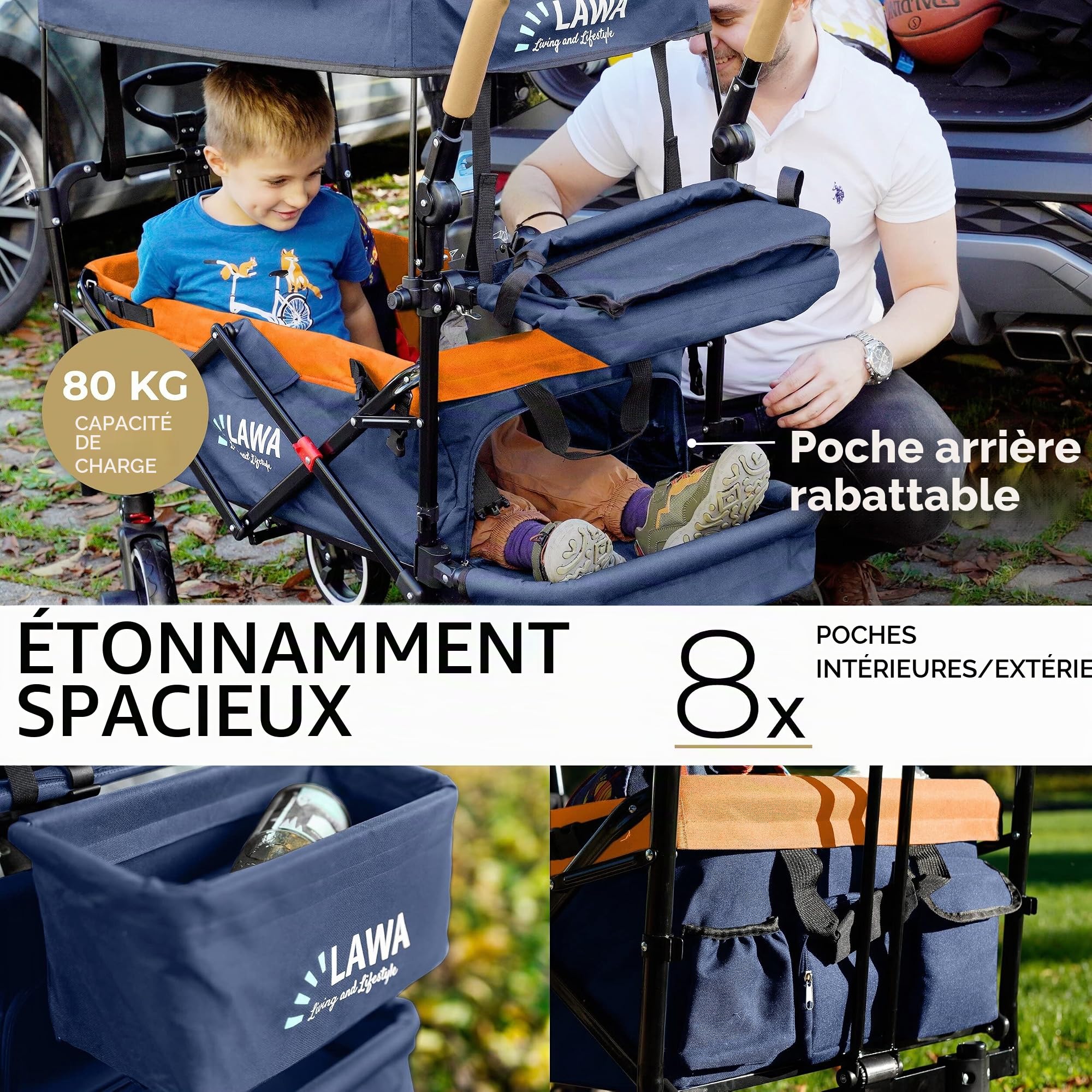 Chariot de Plage Pliable avec Toit Protection Contre la Pluie Protection Contre Les Insectes Extensible 80kg Chariot de Jardin Pliable Charrette de Camping pour Enfants Poussette pour Chien
