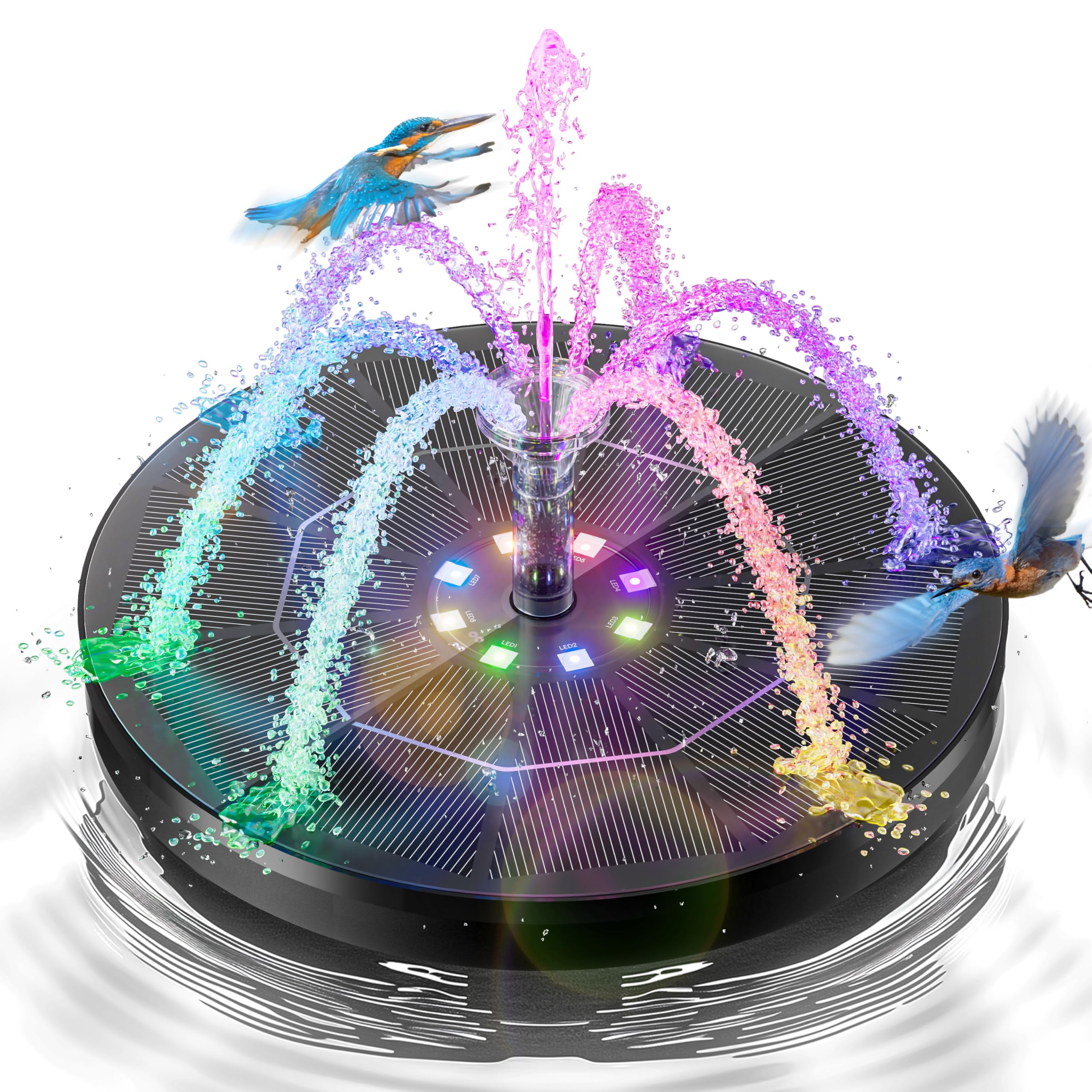 Photo 1 of 3.5W Solar Fountain,Upgraded 100% Glass Panel Solar Bird Bath Fountain with 2000mAh Battery,7 Color RGB LED Lights & 6 Nozzles,Solar Fountain for Bird Bath,Garden, Pond, Pool, Outdoor Decor(Black)
