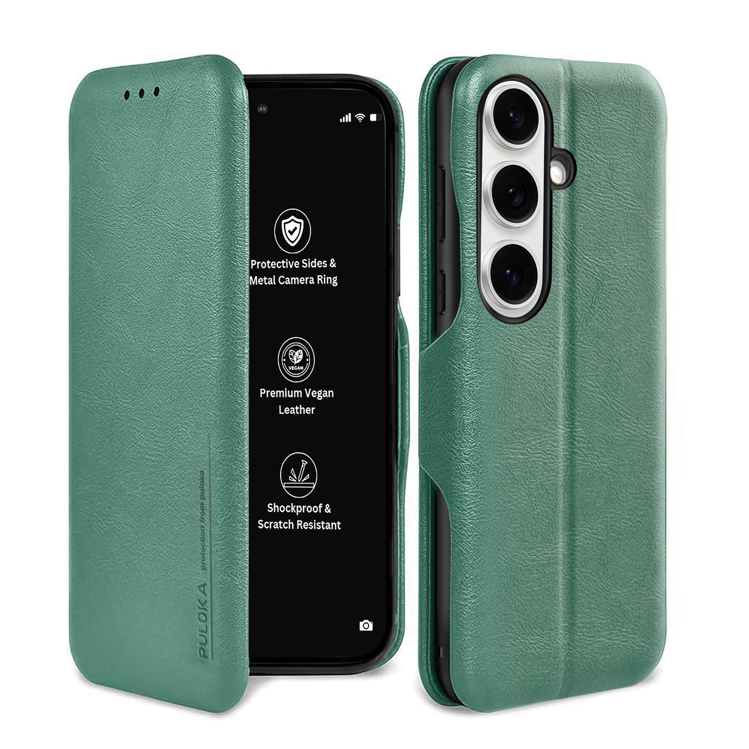 PULOKA Premium Vegan Leather Phone Cover with Card Slot – Compatible with Samsung Galaxy S25 – Sleek Flip Case, Slim, Durable, Privacy Protection, Kickstand Function – Green