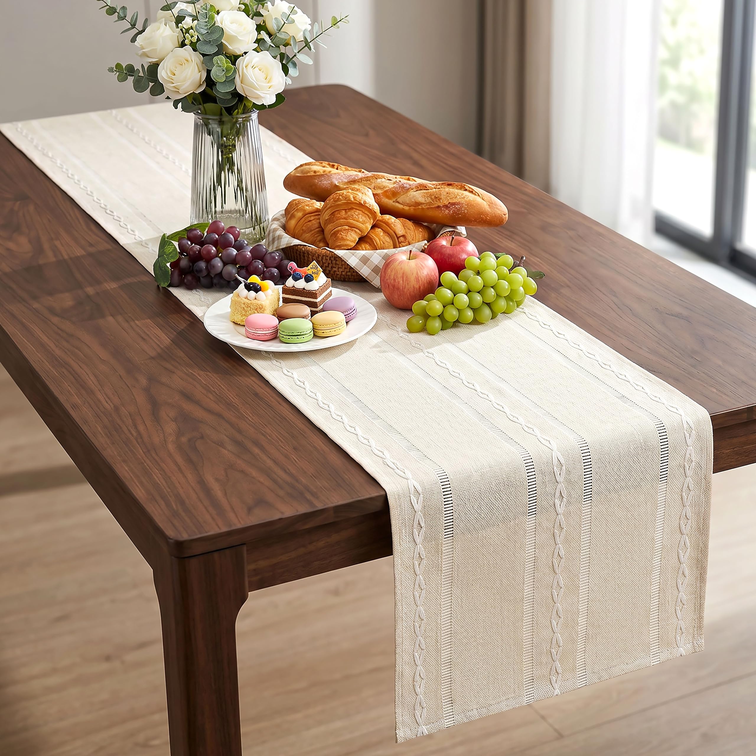 VIRETH HAUS Boho Table Runner Beige 33 x 183 cm, Decorative Table Runner with Elegant Hollow-Out Design, Soft Washable Polyester Runner for 4-6 People, Wedding Birthday Baby Shower Dinner Farmhouse