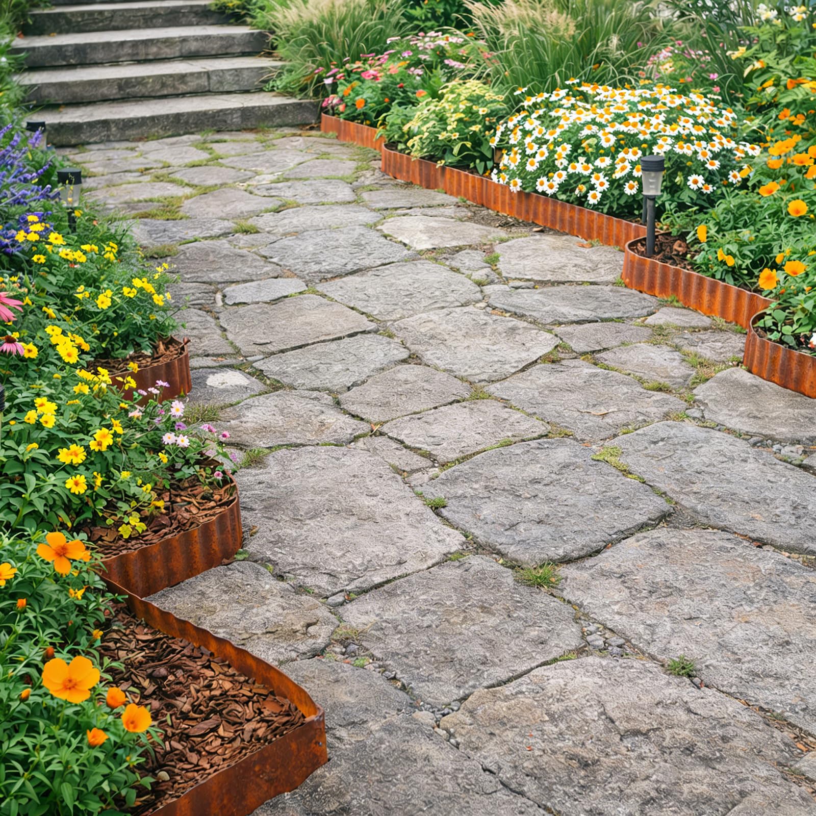 Bordura per Giardino in Acciaio Corten 12m x 15 cm, Bordura per Aiuola in Metallo, Bordo per Prato in Ruggine, 1 Paio di Guanti Incluso, per delimitare aiuole (Forma ondulata, 12M x 15CM)