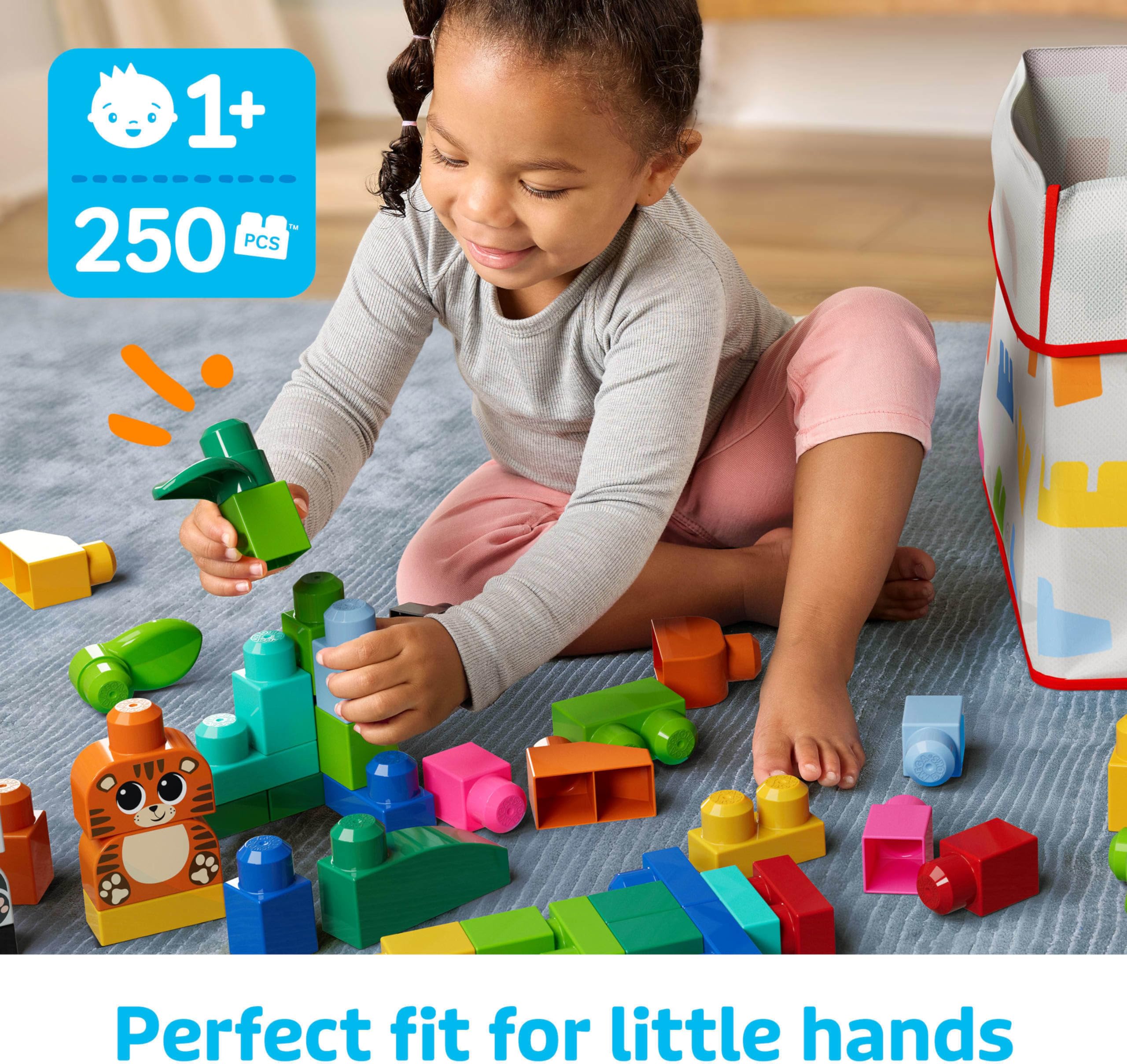 MEGA BLOKS Fisher-Price Klocki zwierzątka Zestaw klocków (250 elementów) oraz 1 torba wielokrotnego użytku, zabawka dla dzieci od 1 roku życia, JCF93