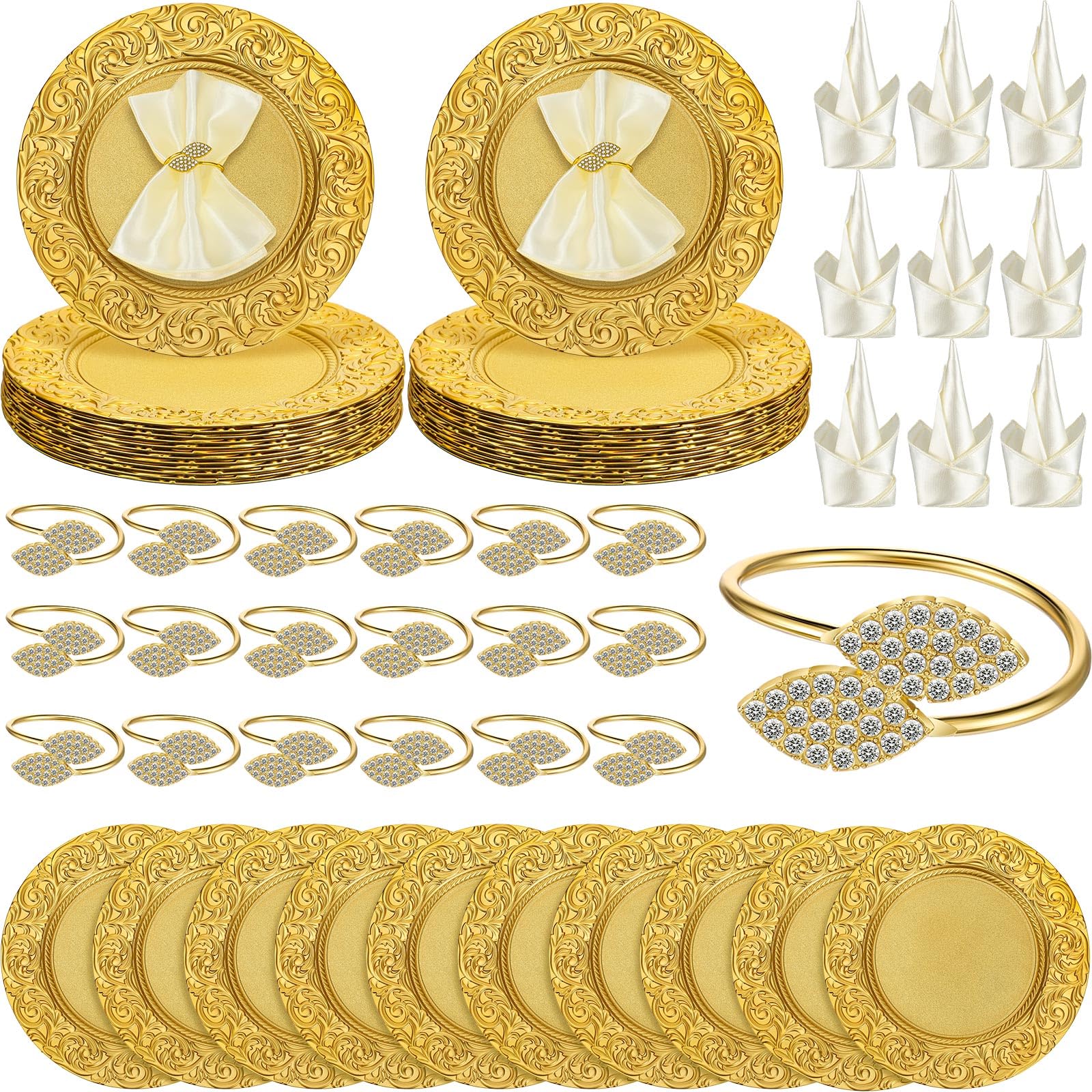 72 Pcs Chargers for Dinner Plates Plastic Reef Plate Chargers 13 Inch Round Charger Plates with Napkin Rings and Satin Napkin for Dinner Wedding Party Plates Decoration(Gold, Elegant)