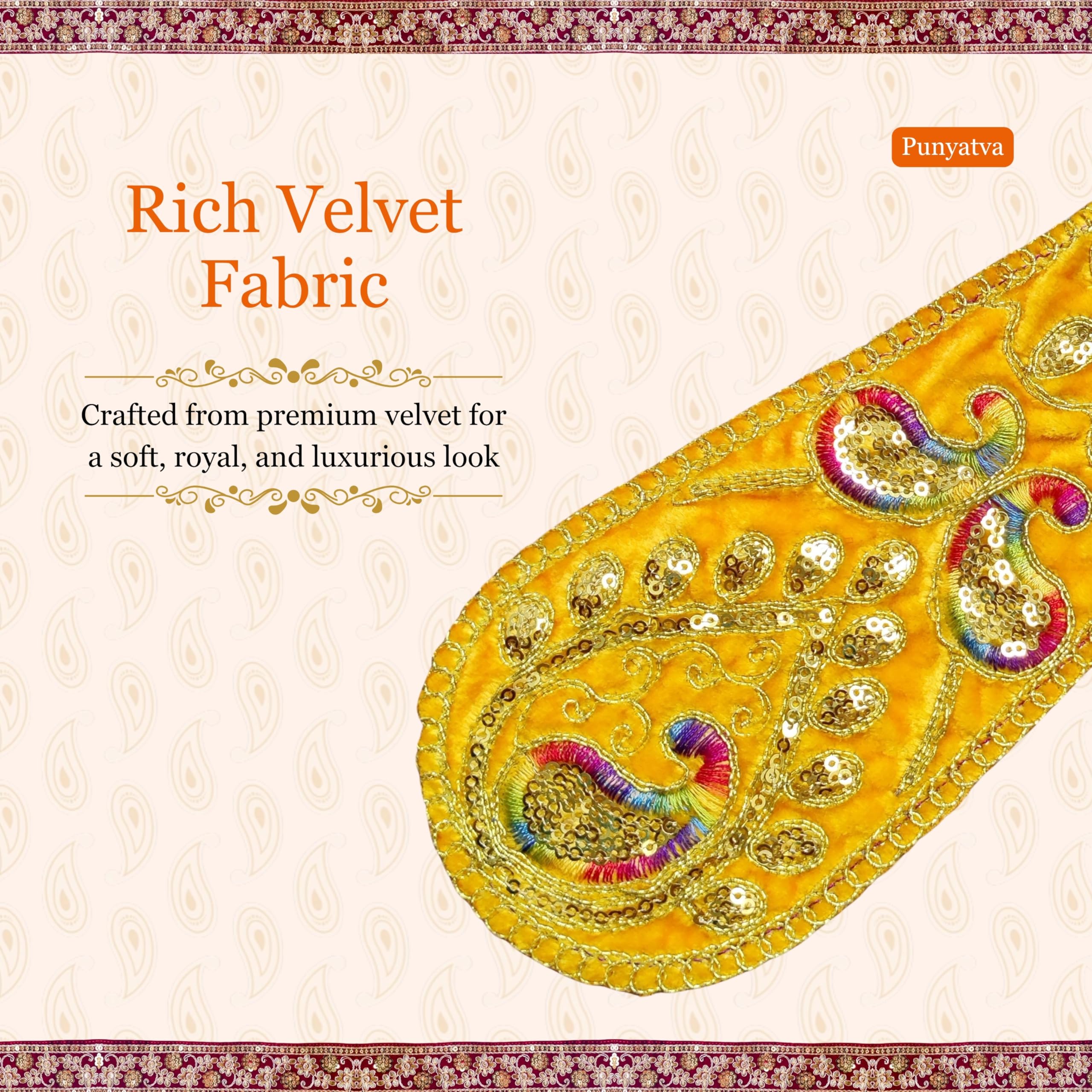 PUNYATVA Ganpati Shela in Velvet (Yellow) – Khes, Patka, Uparna Vastra for Gauri Ganpati, Ganesh Chaturthi, Varalakshmi Vratam, Navratri, Durga Puja, Decoration Accessories for Idols, God Dress 1