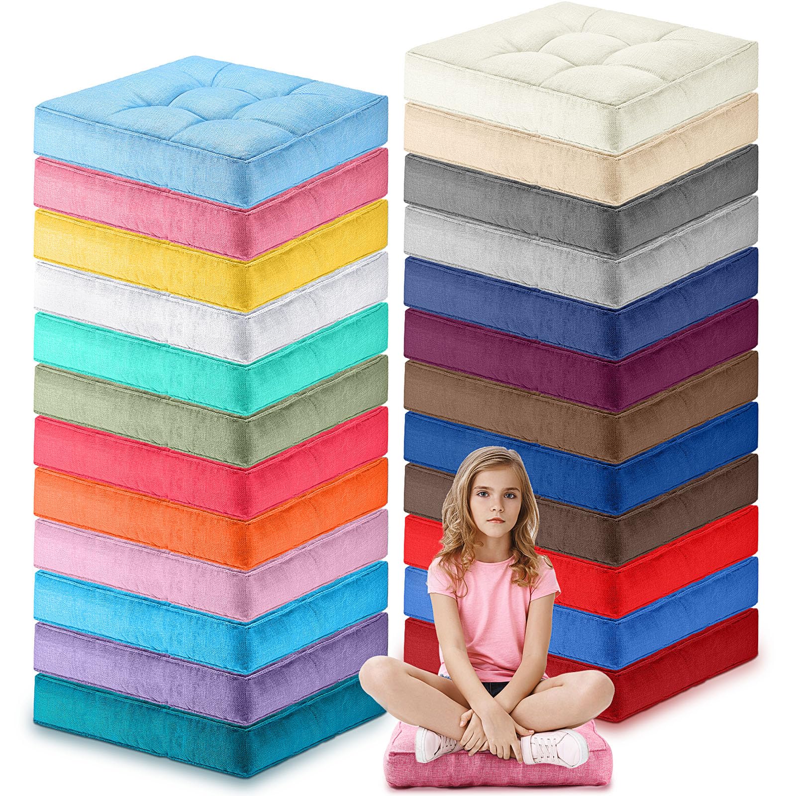 24 Pcs 16 Inch Square Floor Cushions for Kids and Adults, Flexible Seating for Classroom Daycare Furniture 3.6 Inch Thick Floor Pillow for Home Meditation Yoga Preschool (Assorted Color)