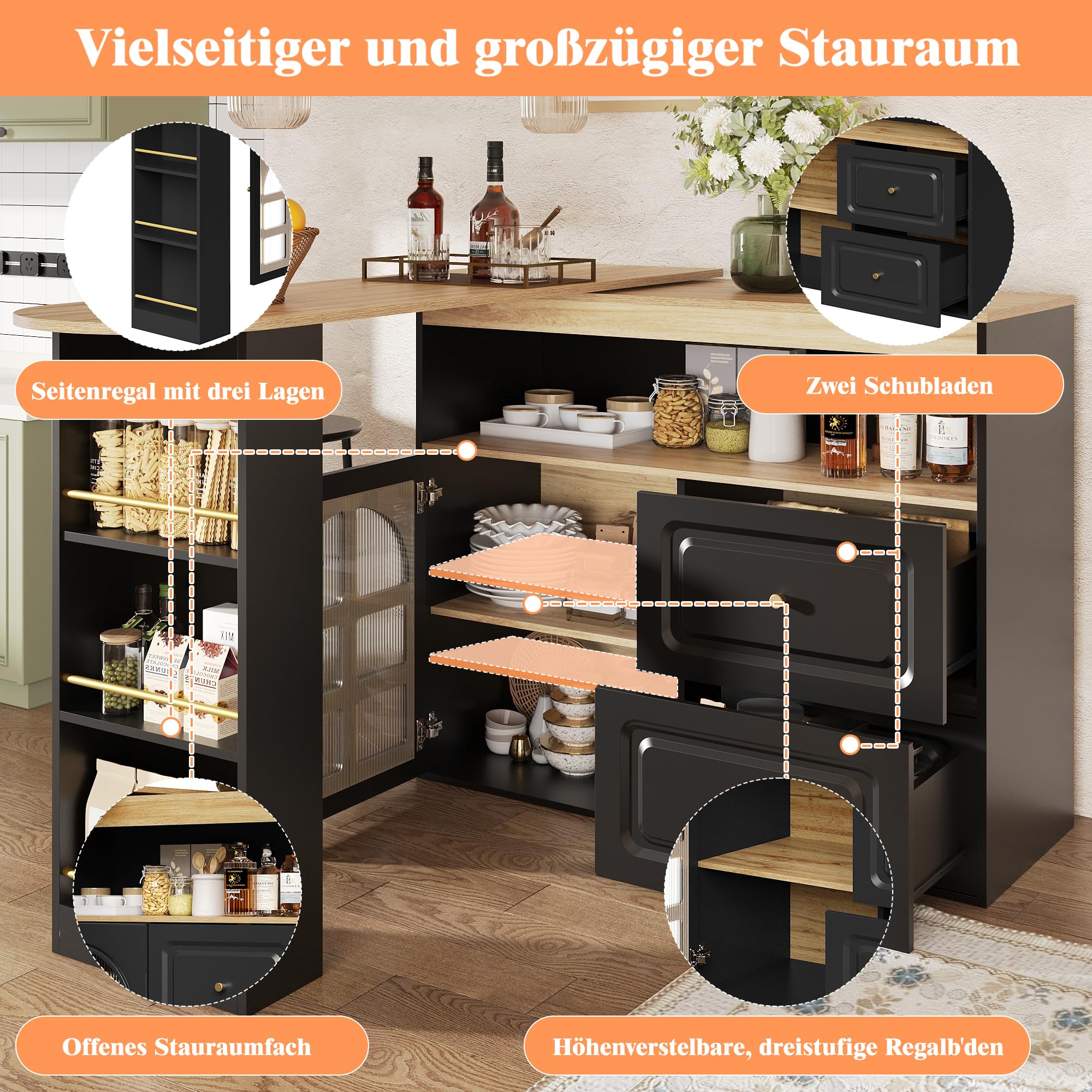 Tavolo Bar Estensibile Rotazione 360°, Mobile Cucina Moderno con Ripiani e Vetro, Credenza con 4 Cassetti, Scaffali Aperti e Porta in Vetro (Black, 138-204x39x104 cm)