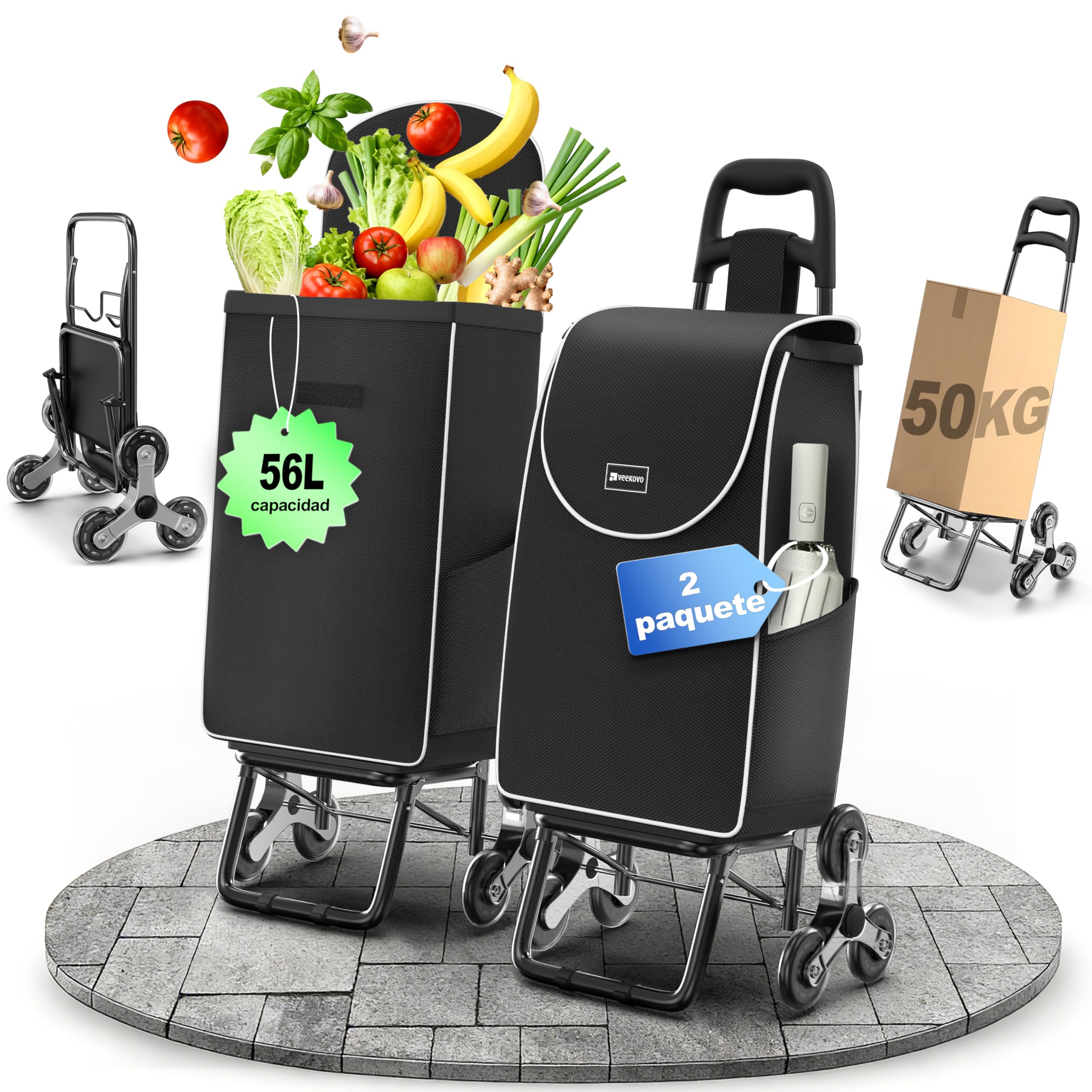Carrito de Compras para comestibles,Carrito de comestibles Plegable Ligero con Capacidad de 56L,con 6 Ruedas para Subir Escaleras,Bolsa Oxford Desmontable (Negro, 2 Pieza)