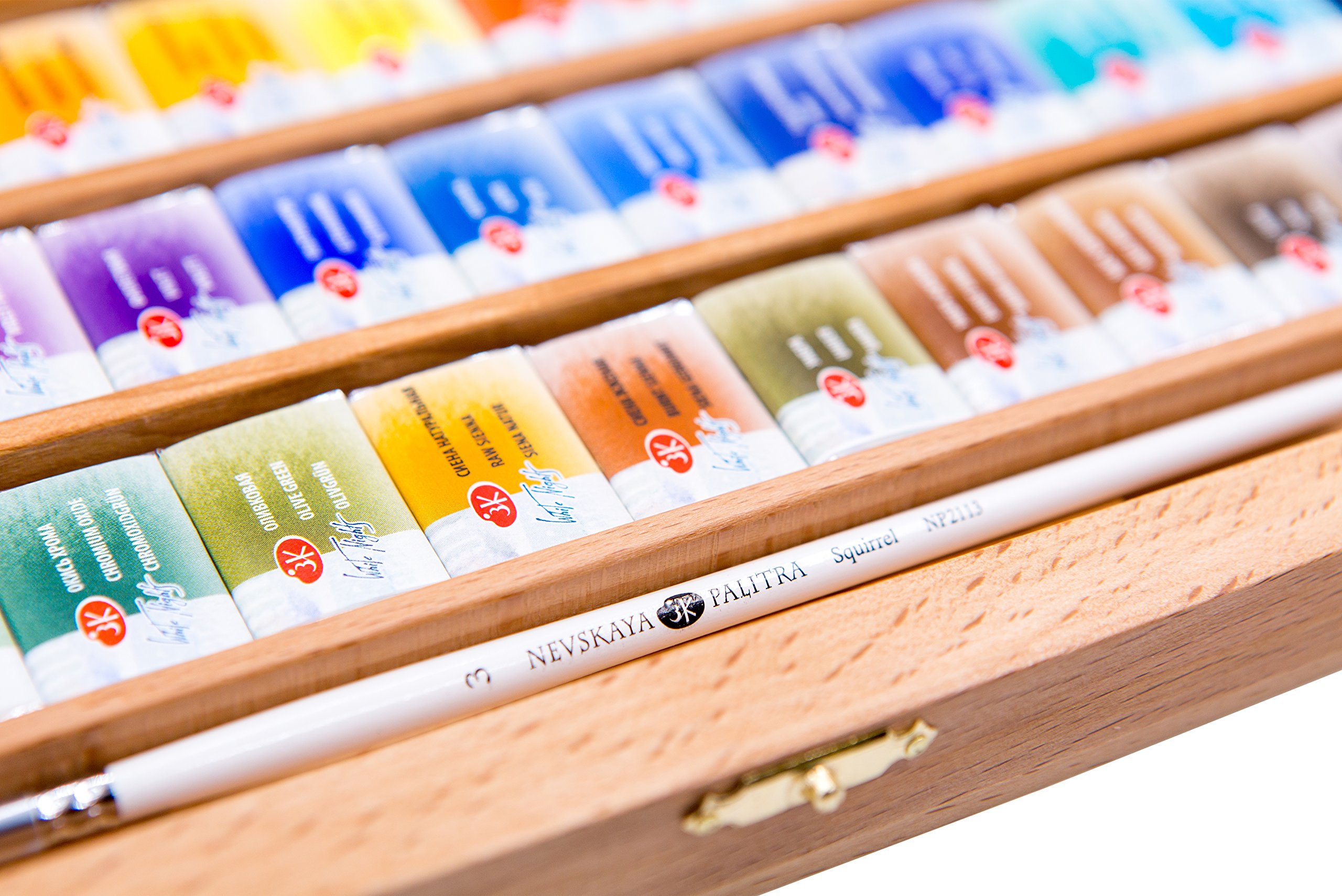 White Nights russische Künstler Aquarellfarben im Set, 48 Farben in ganzen Näpfchen im Holzkasten, hohe Brillanz und Leuchtkraft