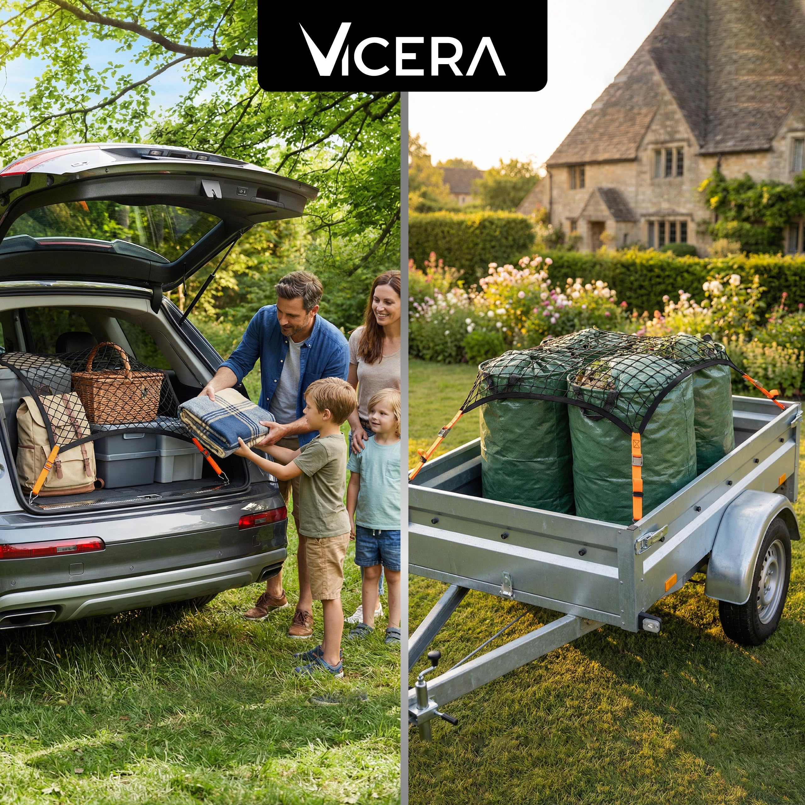 Vicera Gepäcknetz Kofferraum Netz 120x100 cm mit 4 Spanngurten • Kofferraumnetz fürs große SUVs, Transporter, Busse, Vans • Gepäcknetz Auto Ladungssicherung mit Zurrgurten für den Kofferraum