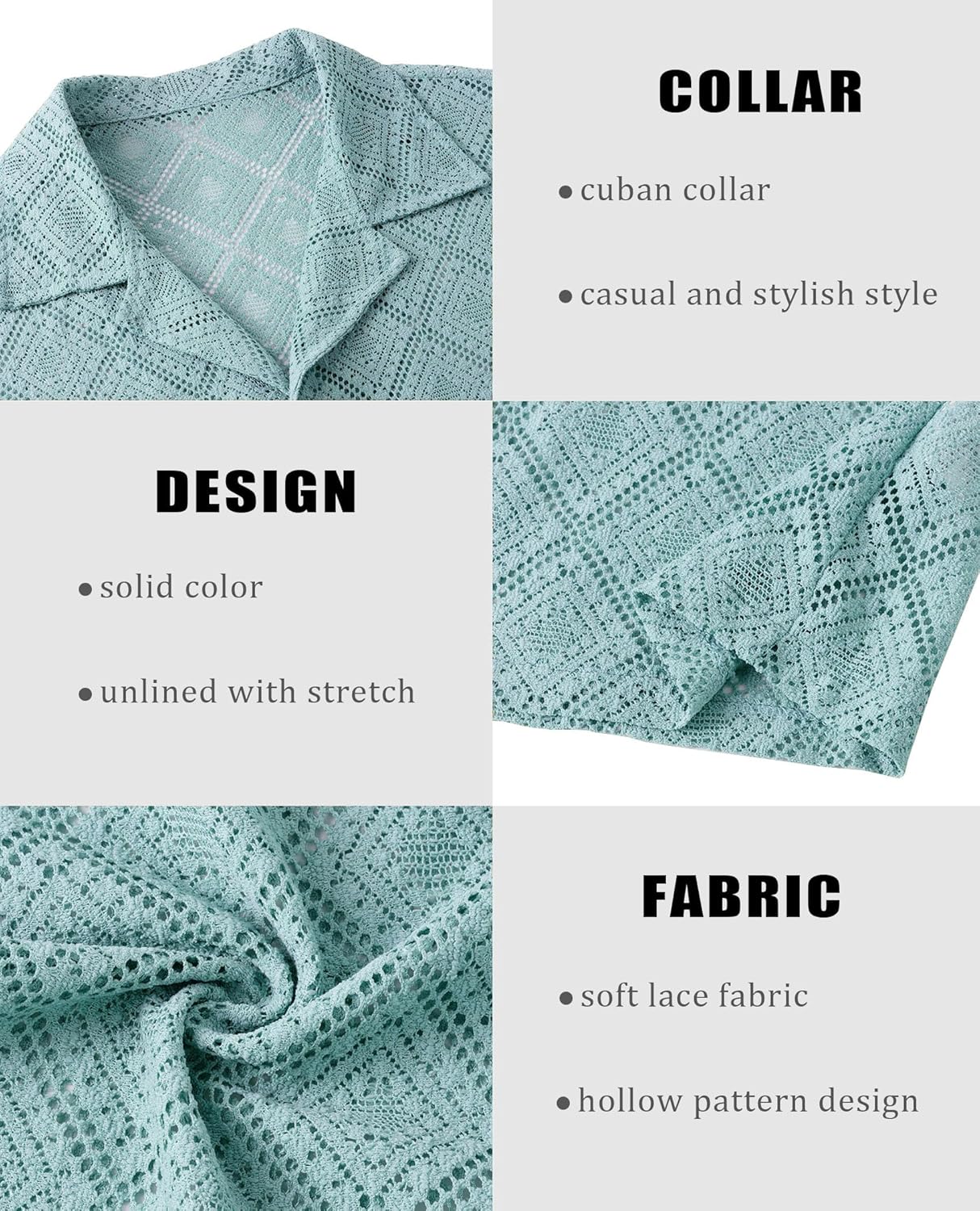 Mens Floral Lace Shirt Hollow Out Sheer See Through Short Sleeve Casual Button Down Beach Shirts - Image 6