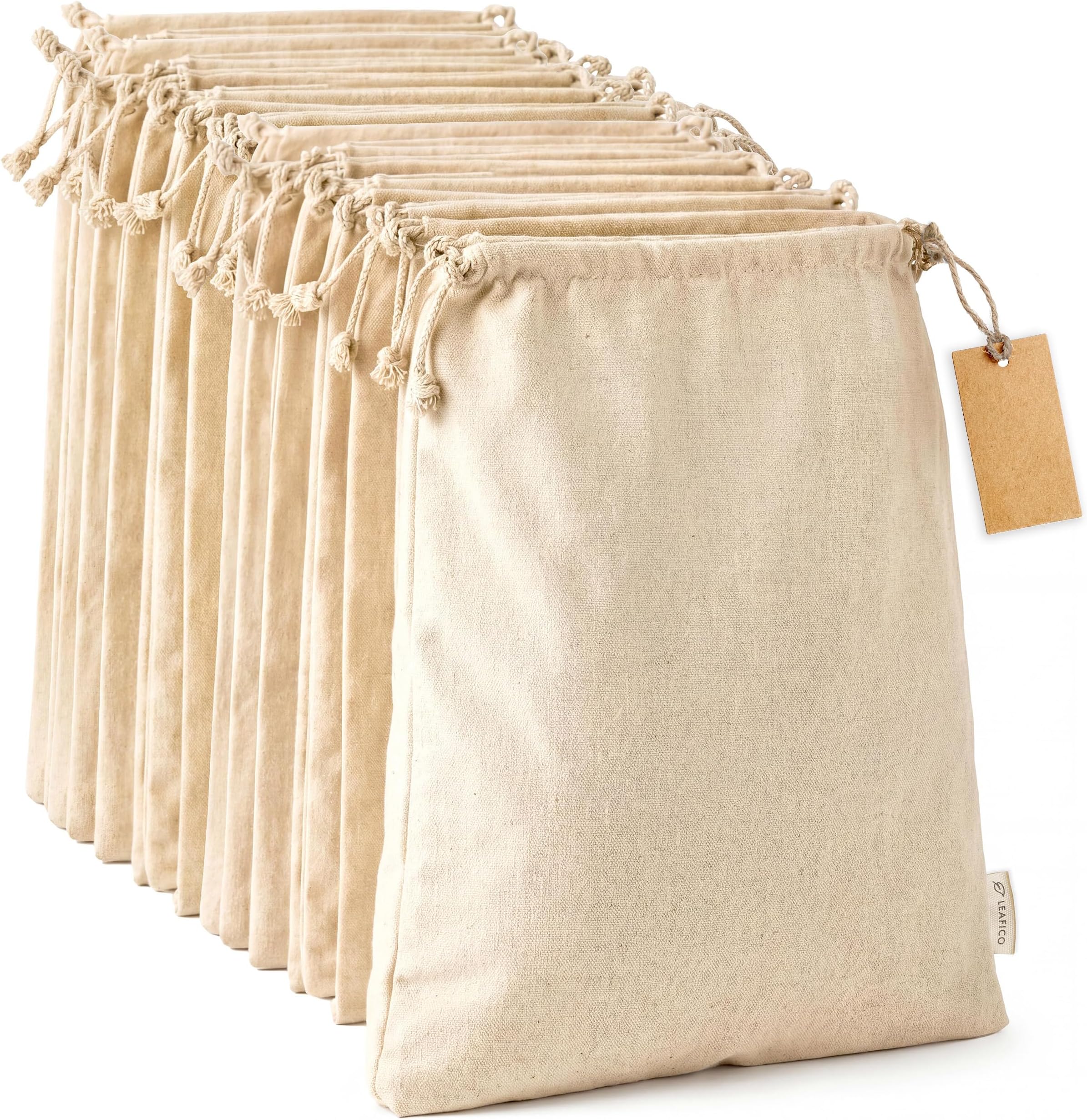 LEAFICO Multipurpose Eco Cloth Bags - Large 10x12 Inch (12 Pack) - Cotton Produce Storage Sacks - Muslin Drawstring Pouches for Vegetables - Bread Bags - Fabric Sachets