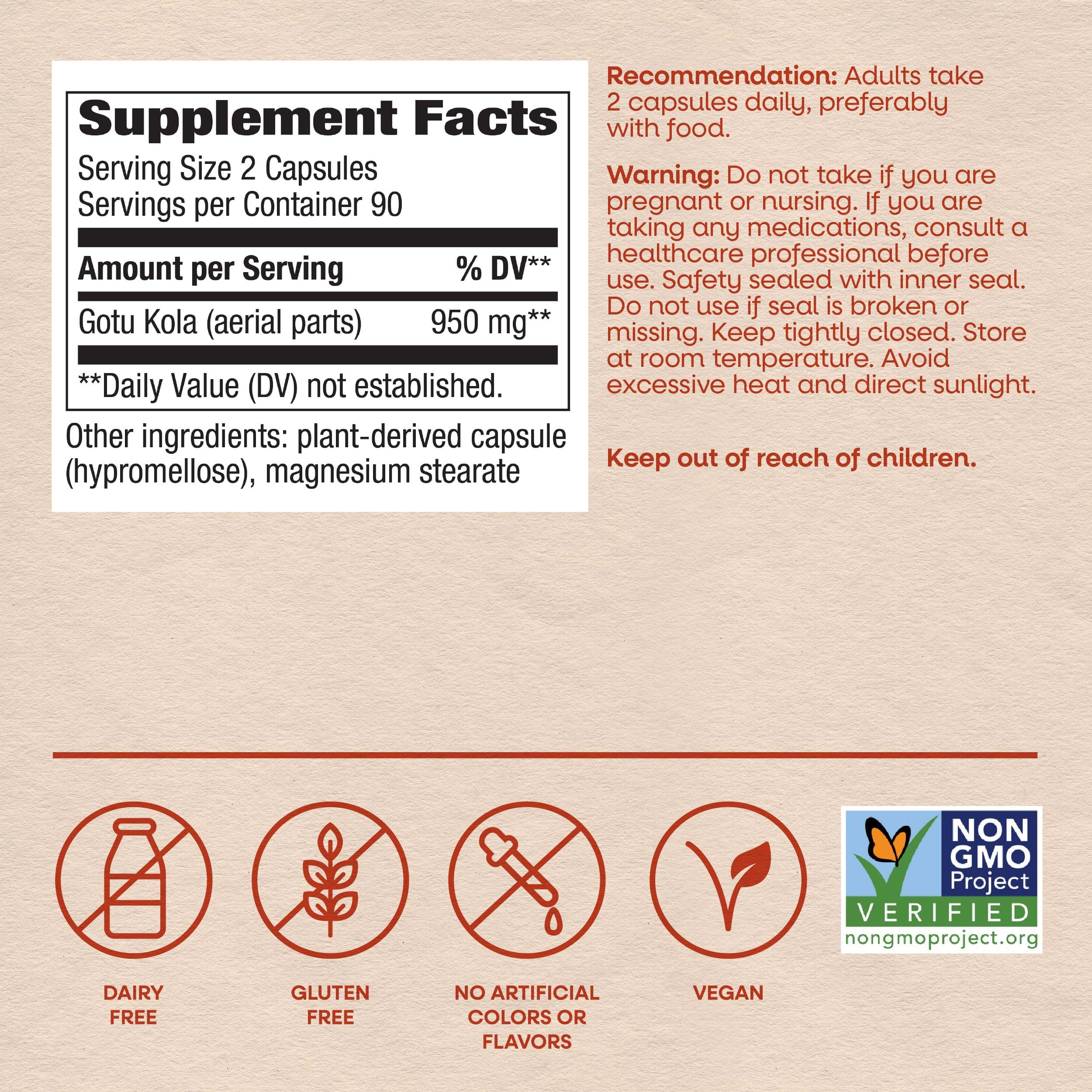Nature's Way Premium Herbal Gotu Kola Herb 950 mg per Serving 180 VCaps — Amazon image 6