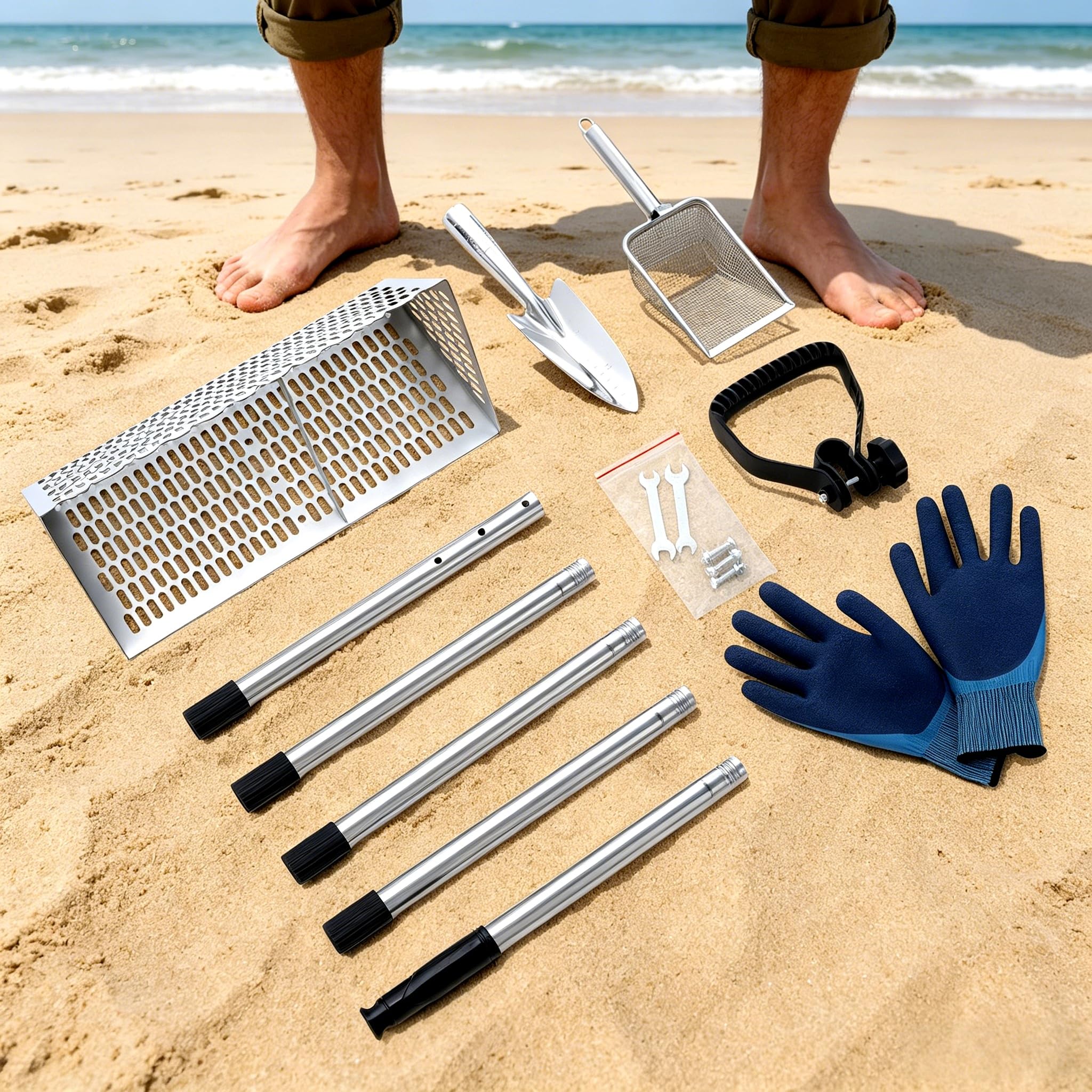 Râteau à puces de sable, tamis à dents de requin en acier inoxydable 304 livré avec long manche pour la plage, 5 sections avec râteau manuel de 40,6 cm de large pour recueillir les puces, les dents de