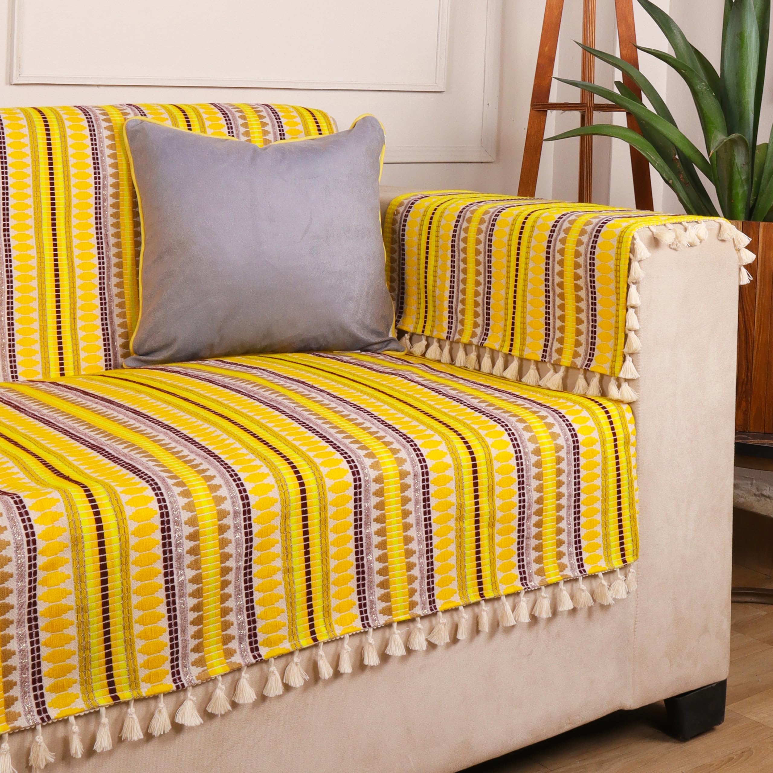 STITCHNEST Woven Full Coverage Sofa Cover for 3 Seater (70 x 60 Inches) – Multicolor Cotton Fabric with Tassels | Ethnic Striped Design | Washable Sofa Cover for Living Room Décor-image-30