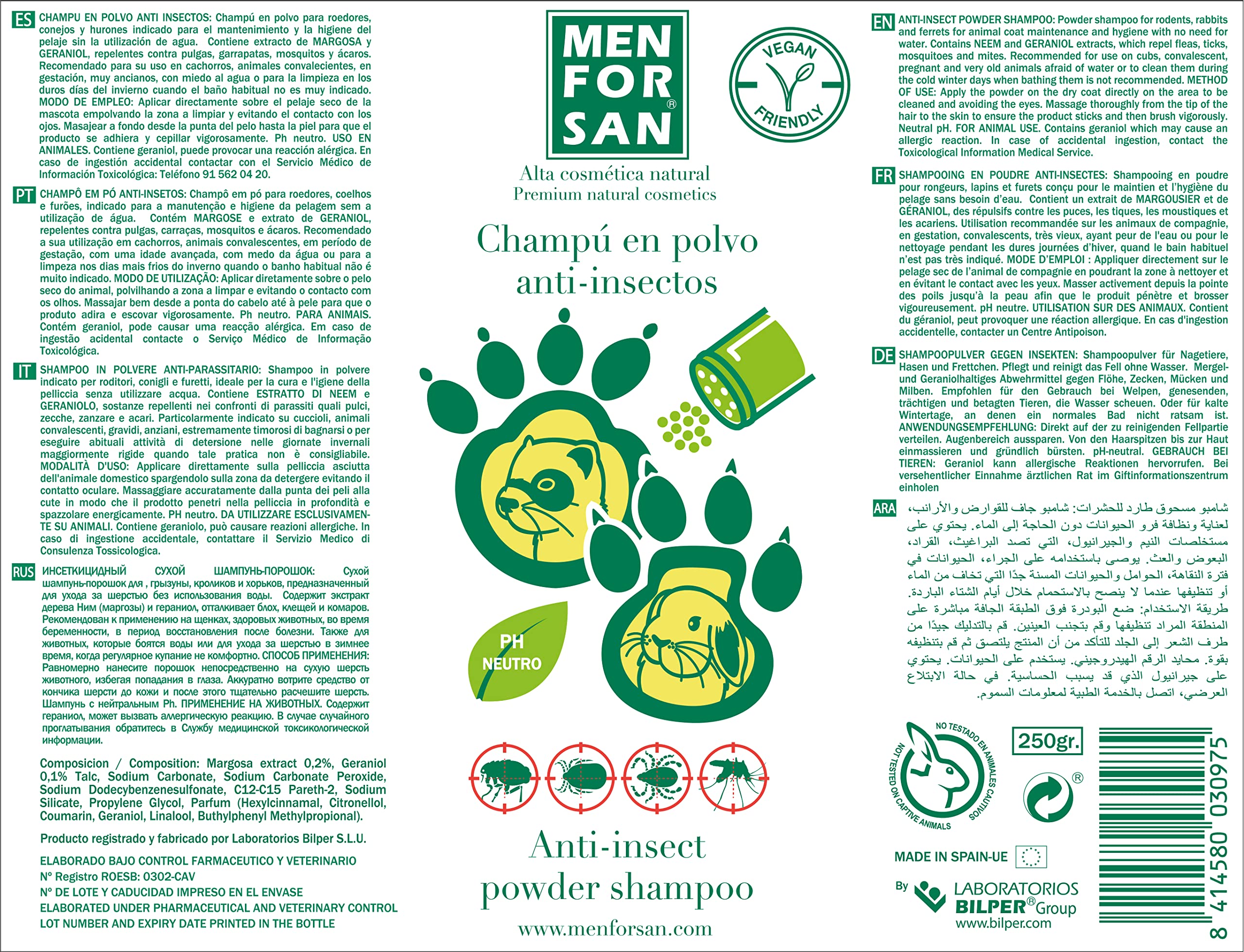 MENFORSAN Shampooing Répulsif en Poudre pour Rongeurs 250gr, Nettoyage à Sec Vegan