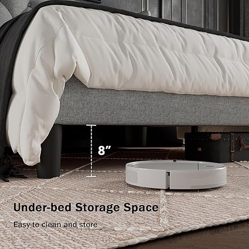 Miniatura 5 de Base de cama tamaño Queen con cabecera capitoné con botones, plataforma tapizada con almacenamiento debajo de la cama, soportes de listones de Gris