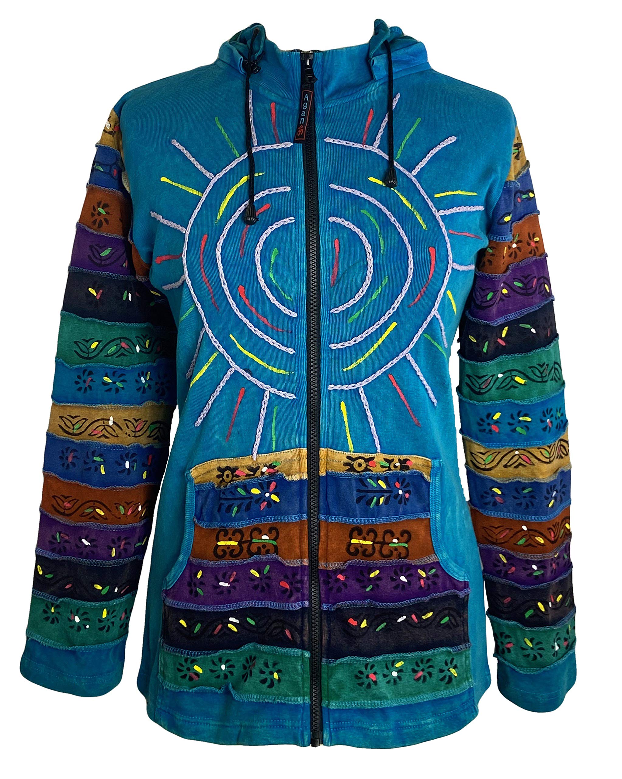 Agan Traders Women's Boho Knit Cotton Distressed Gypsy Brush Painted Peace Symbol Detachable Pixie Sweatshirt Jacket Hoodie