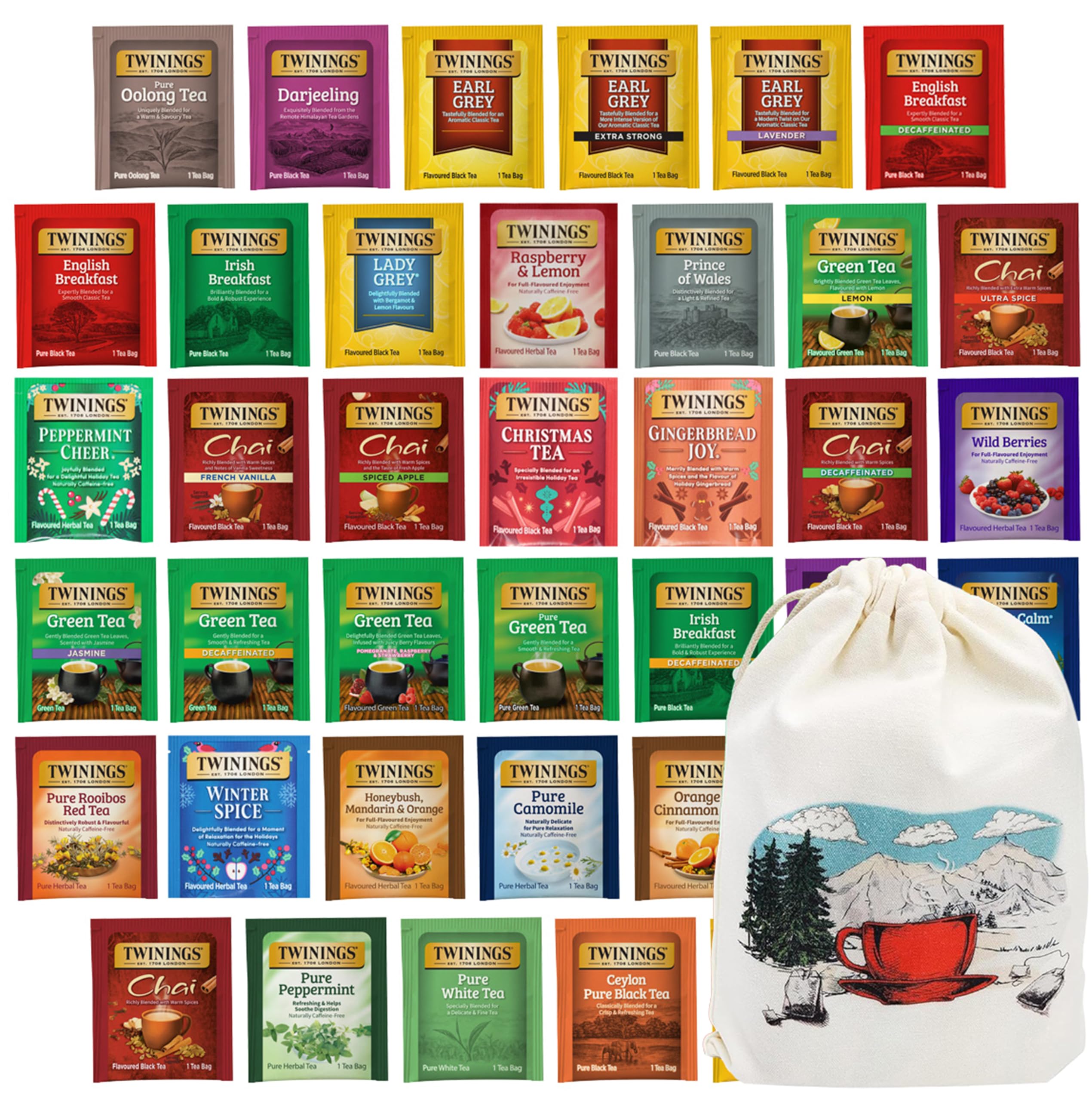 Twinings Tea Bags Sampler Assortment Box with Decorative Cotton Pouch Bag (40 Count) 40 Different Flavors for Tea Lovers: Her, Him, Women, Men,