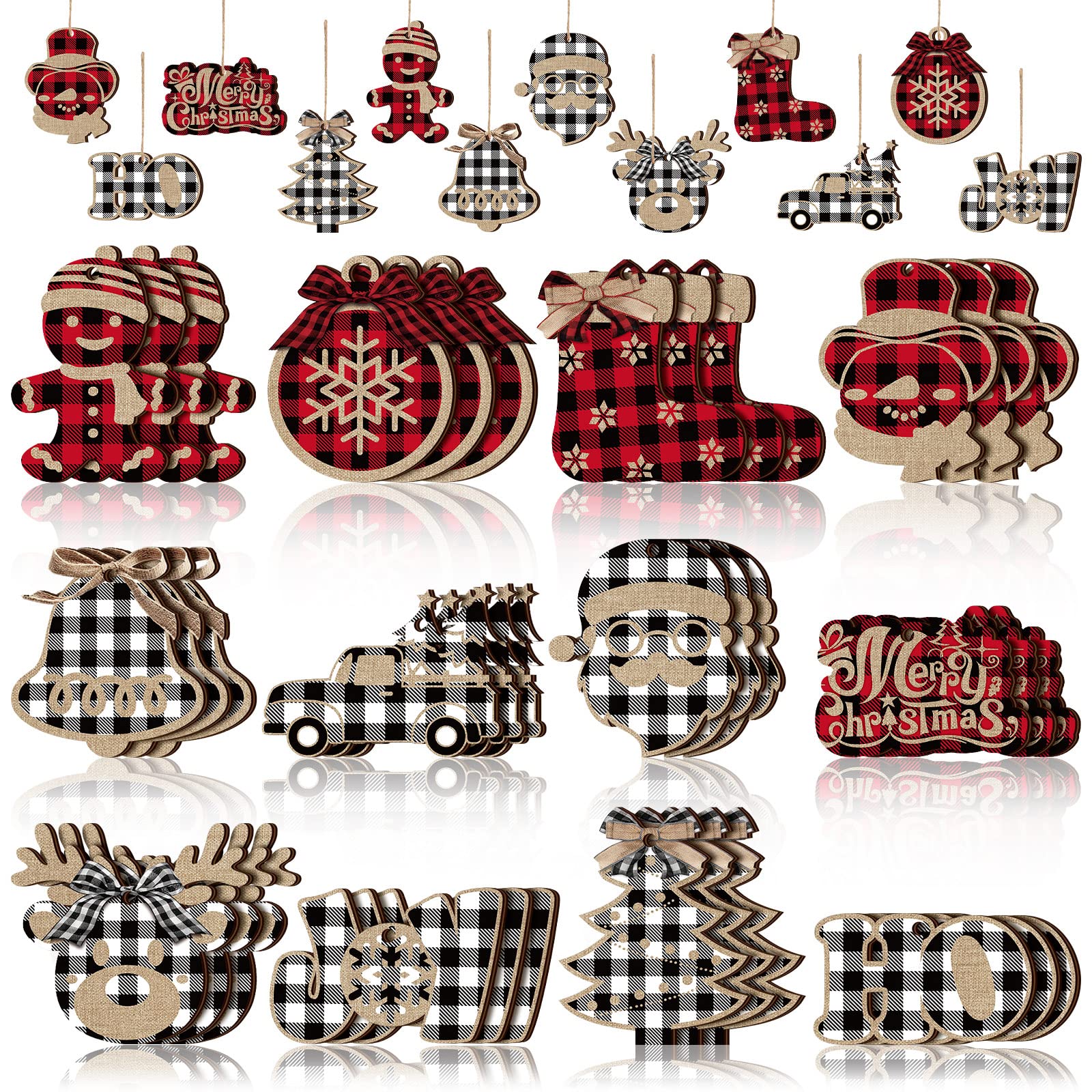 Photo 1 of 36 Pieces Christmas Buffalo Plaid Hanging Ornaments Christmas Tree Wooden Hanging Decor Wooden Christmas Ornaments Snowflake Reindeer Snowman Plaid Christmas Decor, 12 Styles (Black Red, Black White)