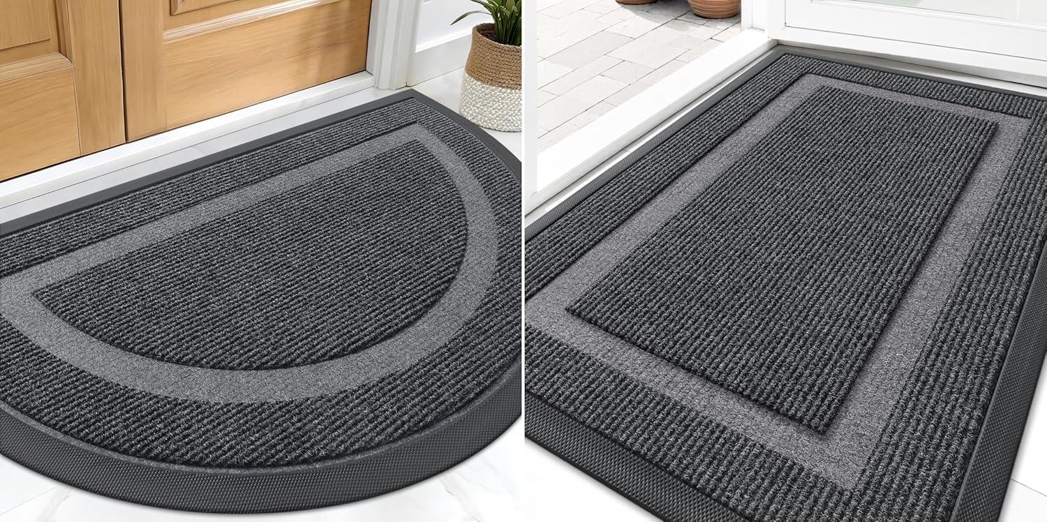 OLANLY Grey 2 Piece Set, Half Circle Door Mat (29.5x17) & Geometric Door Mat (29.5x17)