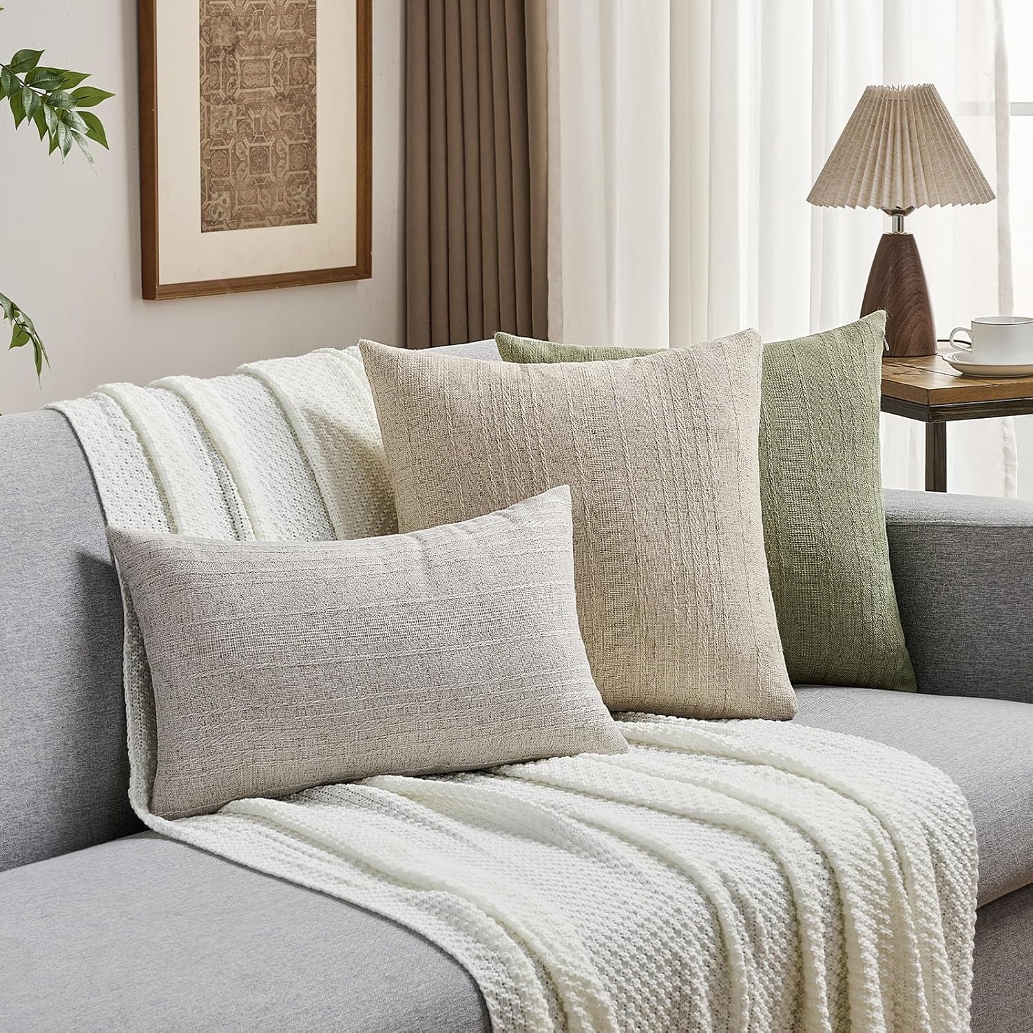 FUTEI Oatmeal Decorative Throw Pillow Covers 18x18 Inch Set of 2,Soft Linen Striped Texture Cushion Case,Farmhouse Home Decor for Couch Bed Living Room - Image 6