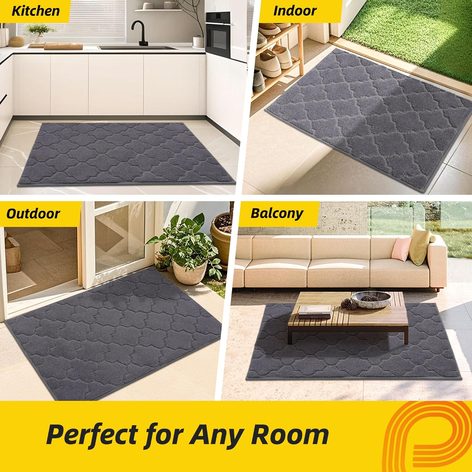 JSEI Door Mat 24" x 36", Non-Slip Dirt Trapper Door Mats Indoor Entryway Rugs Washable Absorbent and Stain Resist Welcome Mats, Dog Door Mat for Front Back Door, Muddy Wet Shoes & Paws, Dark Grey