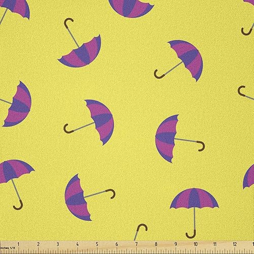 Ambesonne Umbrella Fabric by The Yard, Print of Colored Rain Accessory Patterns Along Retro Design Seasonal Art, Microfiber Fabric for Arts and