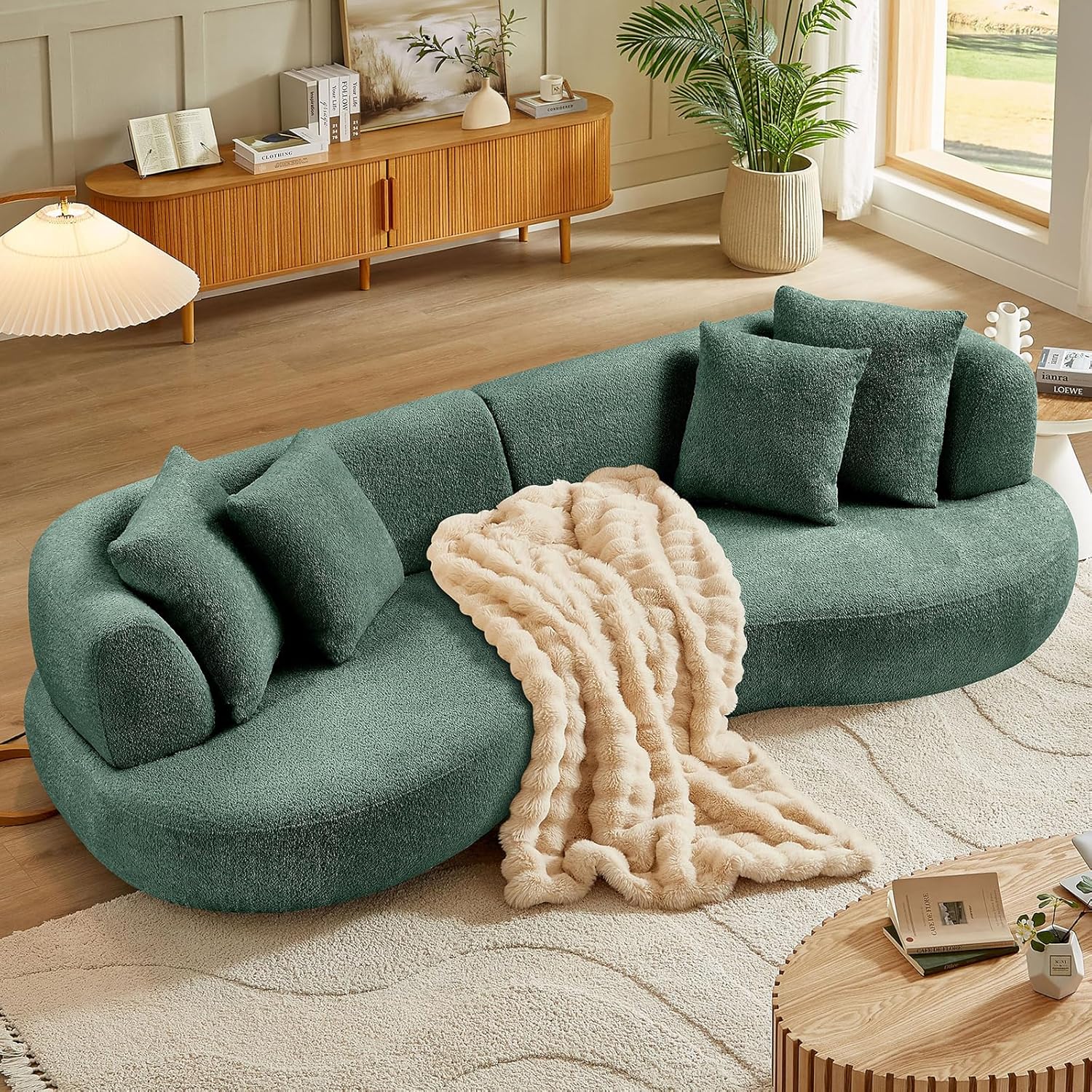 102" Modern Curved Sectional Sofa Couch,4-Seater Deep Seat Modular Teddy Couches with 4 Pillows,Comfy Cloud-Style Boucle Sofas for Living Room,Apartment, Small Spaces,Easy Assembly (Green)