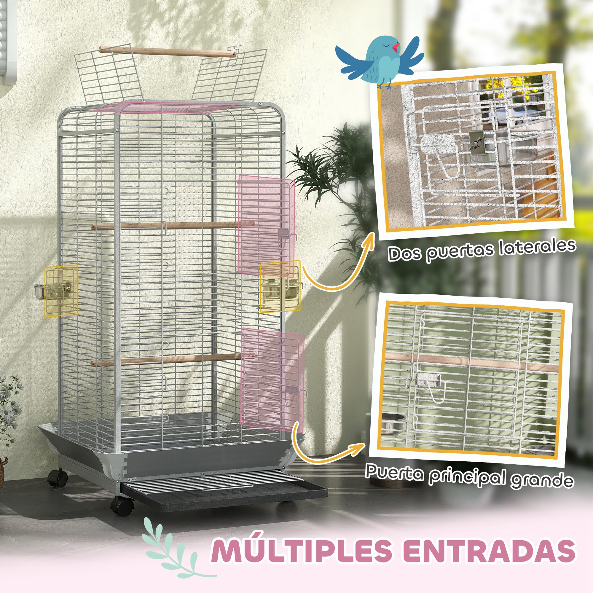 PawHut Jaula para Pájaros con Ruedas Jaula para Loros Bandeja Desmontable y Perchas Comederos Pajarera para Cotorras Cacatúas 79x73x146 cm Gris Claro