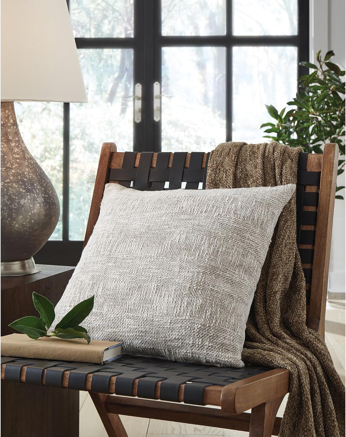 Signature Design by Ashley Carddon Casual 20x20 Inches Striped Throw Pillow with Zipper Closure, White & Light Brown