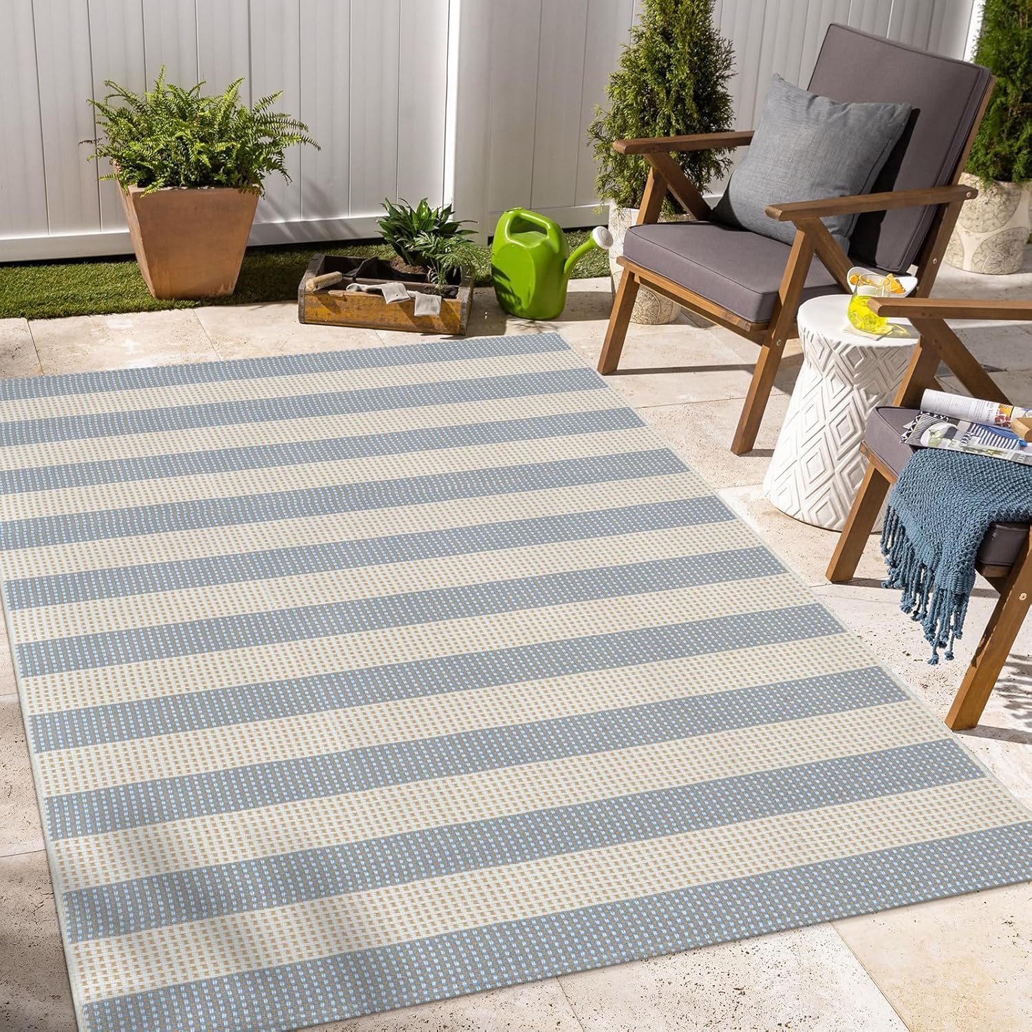 OJIA Washable Area Rugs 4'x6', Striped Outdoor Rug Cotton Woven Entryway Rugs Indoor Patio Rugs Carpet Large Area Rugs for Bedroom/Porch/Deck/Backyard/Camping/Living Room (Blue/White/Tan)