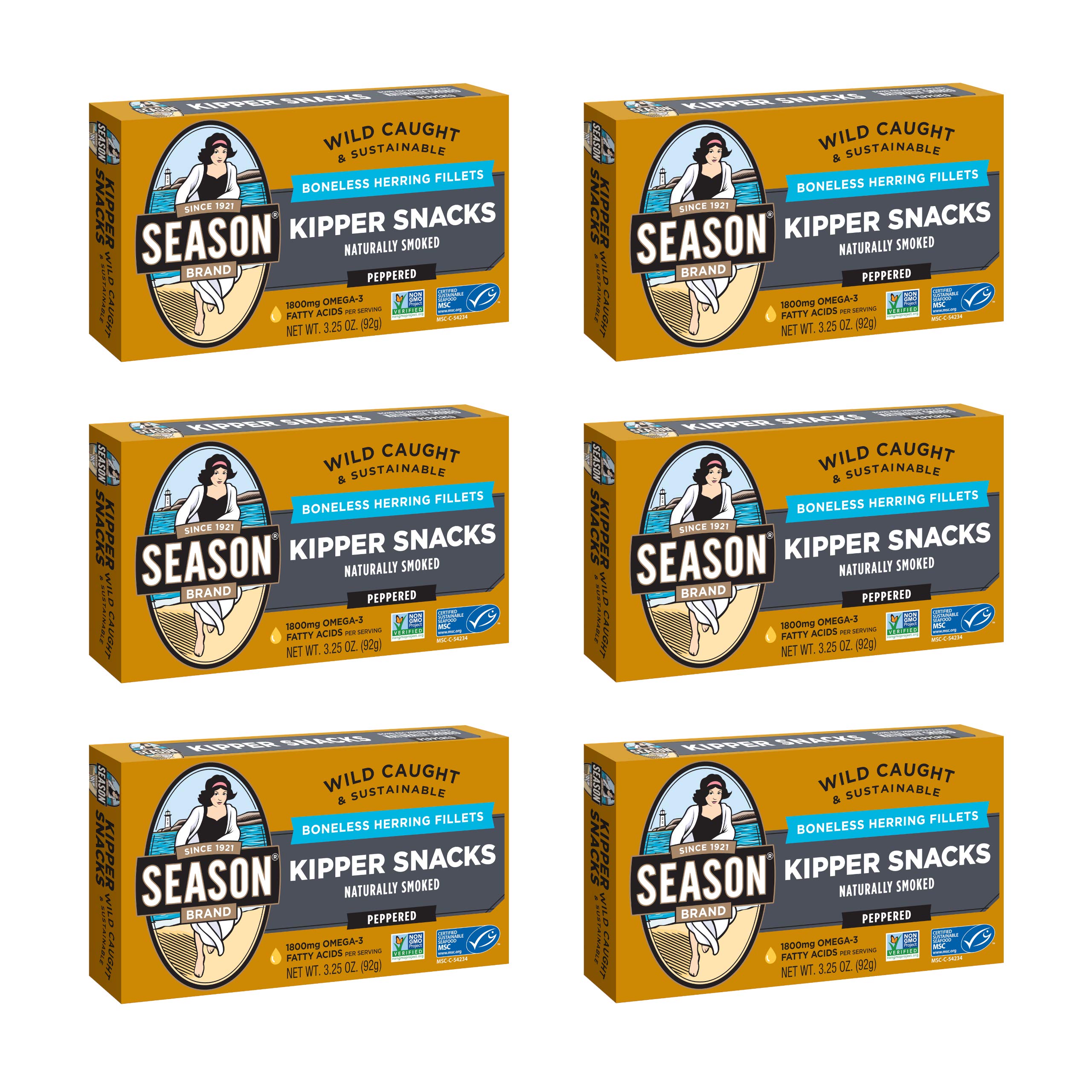 Season Peppered Kipper Snacks - Boneless Herring Fillets, Naturally Smoked, Wild Caught, Keto Snacks, Non-GMO, Certified Sustainable Seafood, 18g of Protein, 1800mg of Omega-3-3.25 Oz, 6-Pack