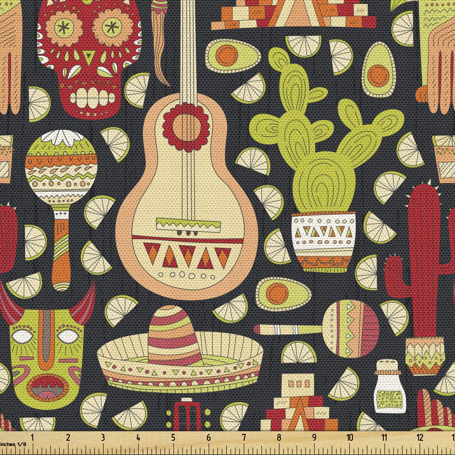 Lunarable Cinco De Mayo Fabric by The Yard, Doodle Mexican Culture Elements as Tequila Taco Aztec Skull and Sombrero, Decorative Fabric for Upholstery and Home Accents, 2 Yards, Magenta Green