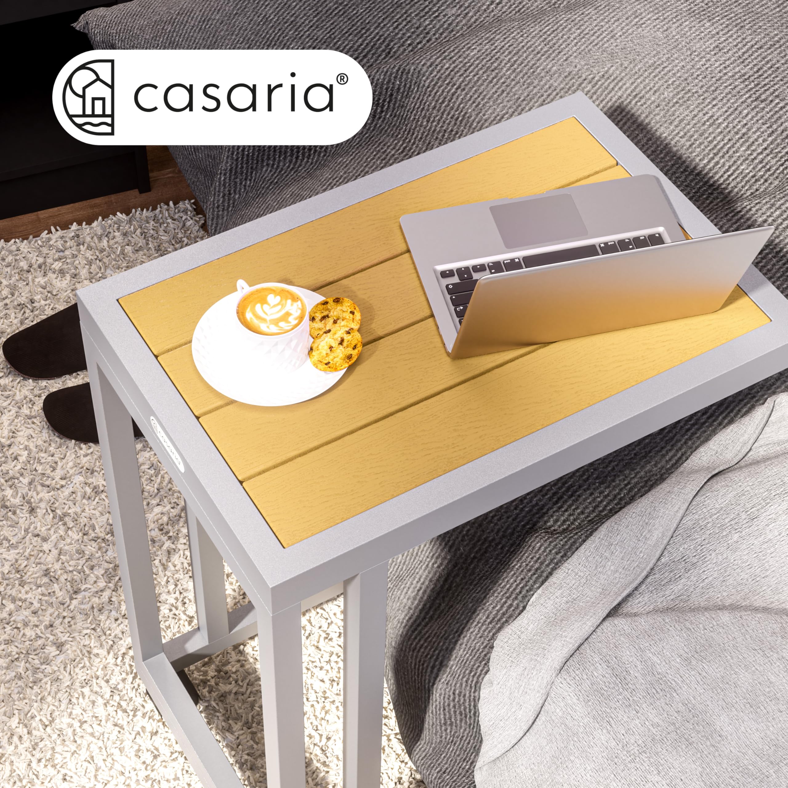 Casaria® Tavolo a C 50x40x66cm Piano in metallo WPC Portata 25 kg con Ruote Tavolino da Salotto Tavolino per Esterno