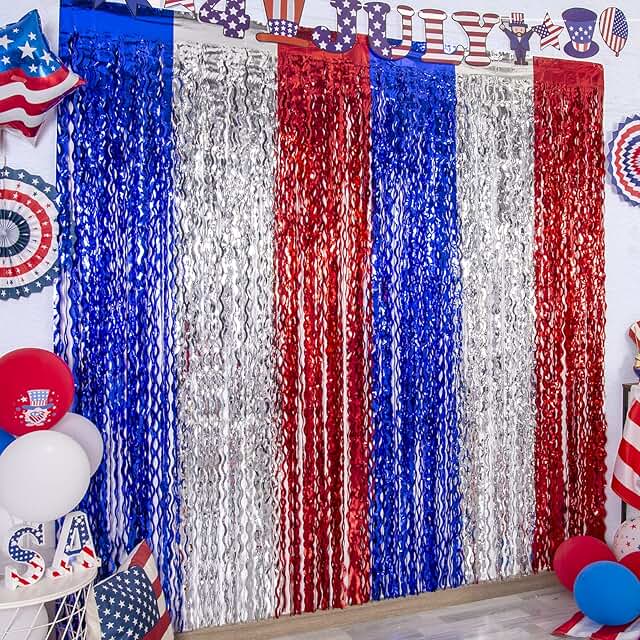 LOLStar 4th of July Decorations,Red White and Blue 3 Pack Wave Tinsel Foil Fringe Curtains,Independence Day Photo Booth Pr...