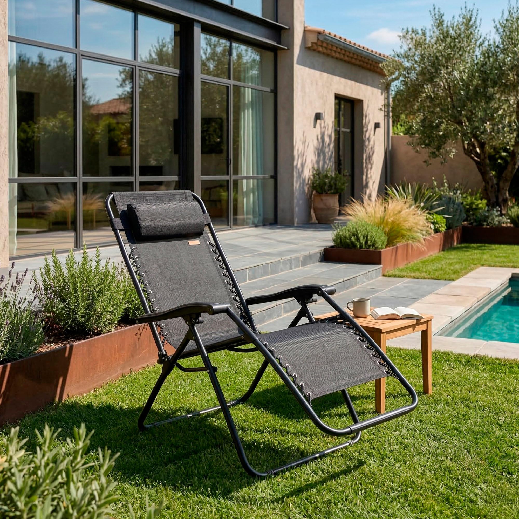 AKTIVE Tumbona jardín plegable, Color negro, 52x68x104 cm, Gravedad cero, Estructura acero, Tejido textileno, Soporta 110 kg, Antivuelco, Cojín acolchado, Hamaca terraza exterior (61165)