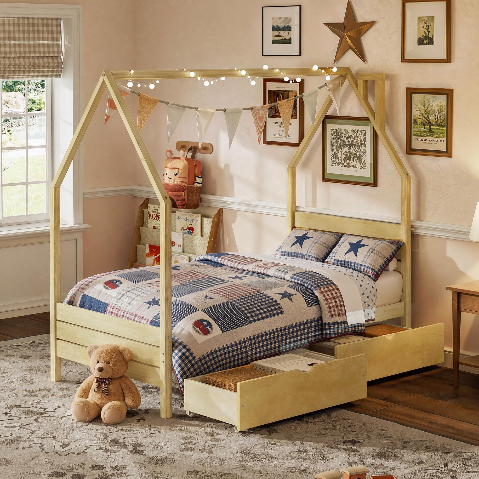 Twin Size House-Shape Platform Bed with Headboard and 2 Storage Drawers, Montessori Wood Bed Frame with Roof and Chimney Design, No Box Spring Needed, Easy Assembly (Natural-06, Twin)