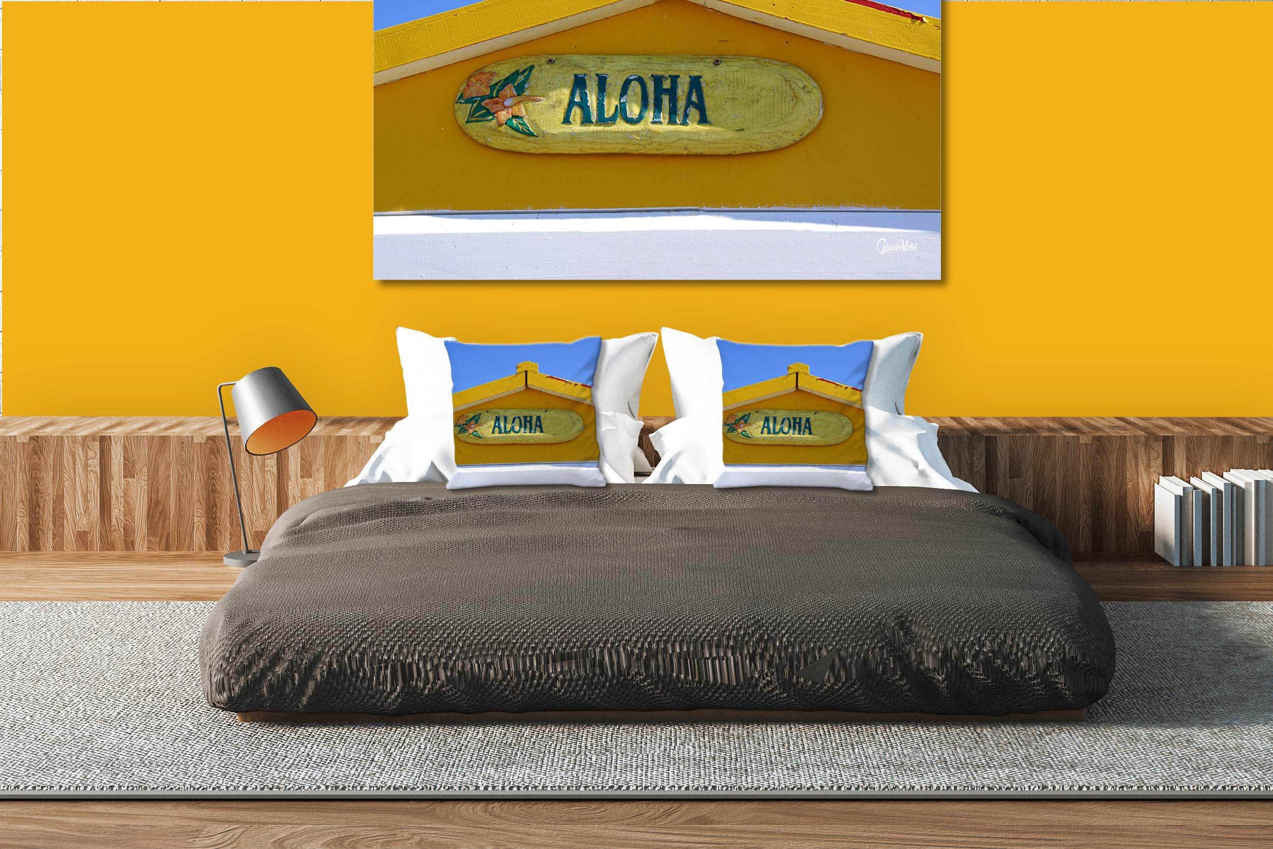 Giebel in gelb - Foto-Kissen-Hülle Set (2 STK.) 40 x 40 cm | Kissen-Bezüge - passend zu Wandbild - Deko-Kissen - Fischerhütte Haus Strand Meer