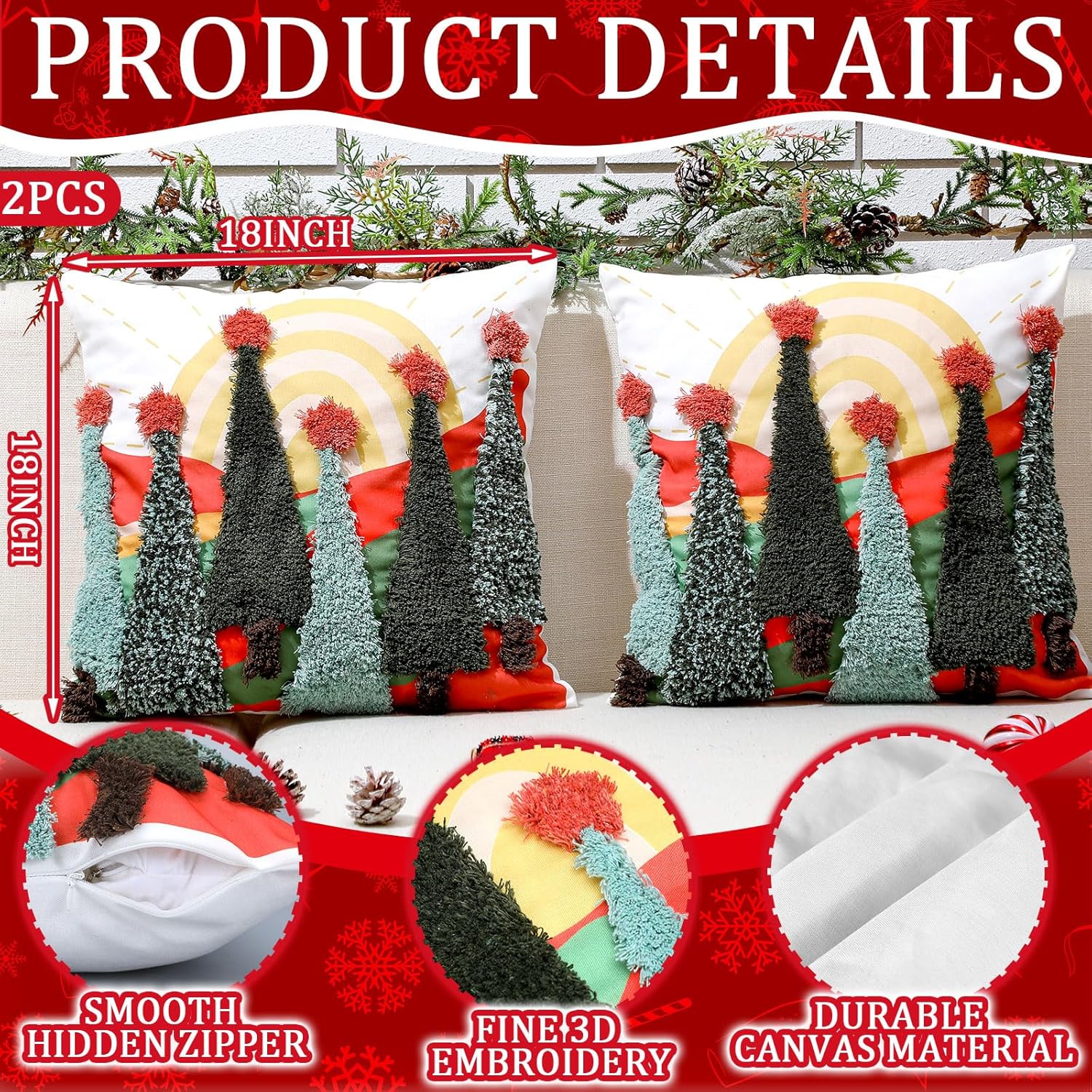 HunnmingRe Set of 2 Embroidered Christmas Pillow Covers 18x18 Inch Boho Christmas Tree Pillow Cover Farmhouse Xmas Pillowcases Decorations for Sofa Couch Bedroom Home Living Room Decor